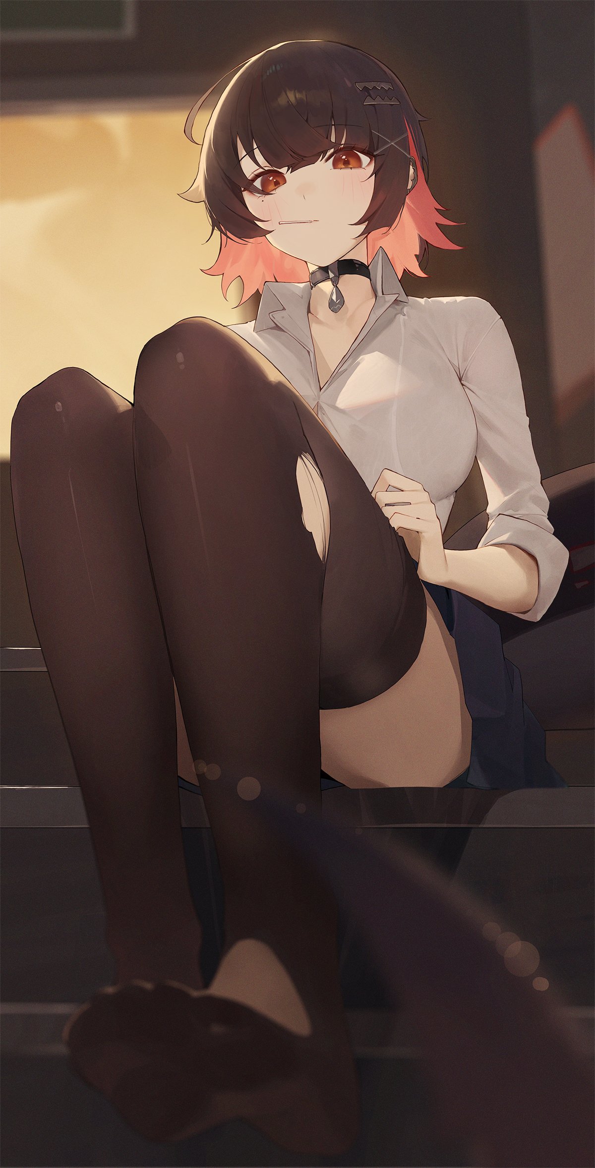 kji (rozo), ellen joe, ellen joe (on campus), zenless zone zero, highres, 1girl, black choker, black hair, breasts, choker, collared shirt, feet, fins, fish tail, large breasts, looking at viewer, mole, mole under eye, multicolored hair, official alternate costume, red eyes, red hair, shark girl, shark tail, shirt, sitting, solo, tail, toes, two-tone hair, white shirt