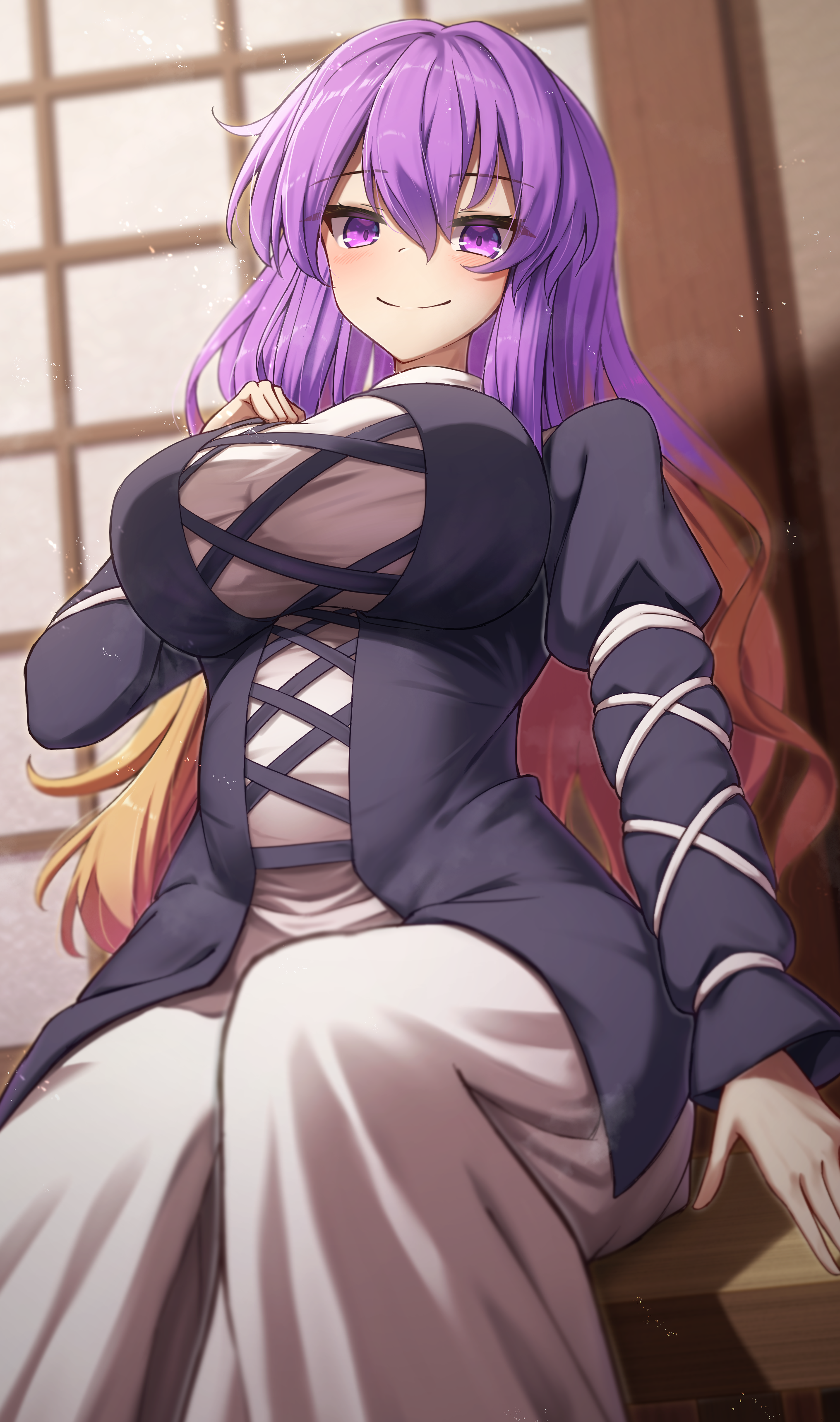 yosshy, hijiri byakuren, touhou, absurdres, commentary request, highres, 1girl, belly, black dress, breasts, brown hair, dress, impossible clothes, impossible dress, large breasts, long hair, multicolored hair, plump, purple eyes, purple hair, sitting, smile, solo, taut clothes, taut dress, tight clothes, tight dress, two-tone hair, white dress