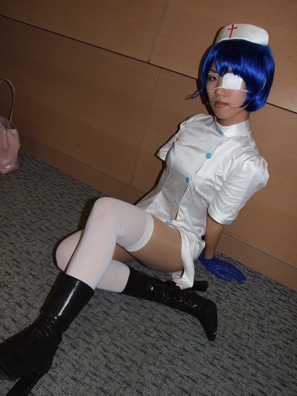 ryomou shimei, ikkitousen, photo (medium), boots, cosplay, eyepatch, gloves, nurse, ryomou shimei (cosplay), sakura marimo, thighhighs