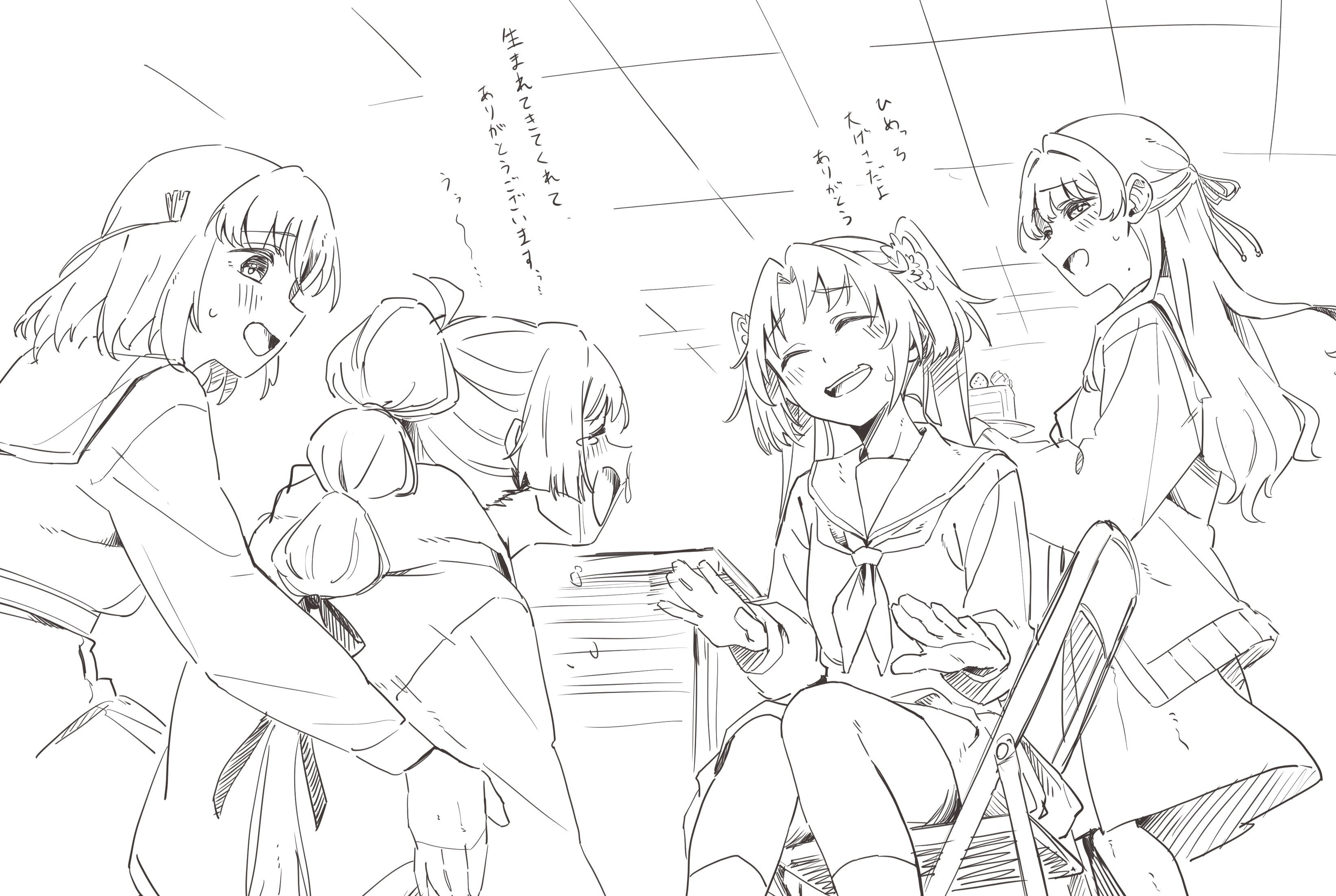 repurika, anyoji hime, hinoshita kaho, murano sayaka, osawa rurino, link! like! love live!, love live!, absurdres, commentary, hashtag-only commentary, highres, translation request, 4girls, :d, ^ ^, ahoge, birthday, cake, cake slice, cardigan, chair, closed eyes, crying, dress, folding chair, food, greyscale, hair intakes, hair ornament, hair ribbon, half updo, hasu no sora school uniform, holding, holding plate, indoors, long sleeves, medium dress, medium hair, monochrome, multi-tied hair, multiple girls, neckerchief, on chair, open cardigan, open clothes, open mouth, parted bangs, plate, pleated dress, ponytail, profile, rabbit hair ornament, raised inner eyebrows, ribbon, sailor collar, sailor dress, school uniform, sitting, smile, standing, table, two side up, virtual youtuber, winter uniform