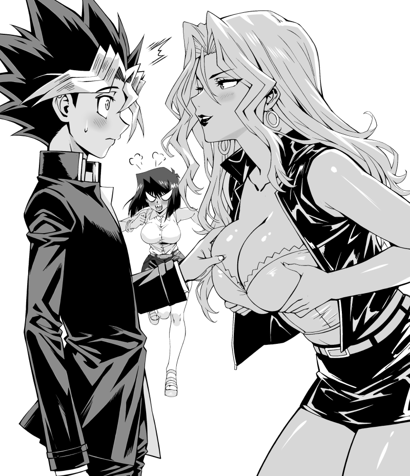 jamjamstyle, kujaku mai, mazaki anzu, muto yugi, yu-gi-oh!, yu-gi-oh! duel monsters, 1boy, 2girls, angry, blush, breasts, cleavage, earrings, eye contact, greyscale, jewelry, looking at another, monochrome, multicolored hair, multiple girls, shy, smile, spiked hair