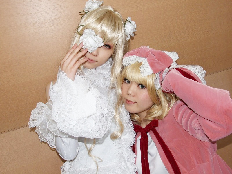 gaku karin (model), hinaichigo, houtou singi (model), kirakishou, rozen maiden, photo (medium), blonde hair, bow, cosplay, dress, eyepatch, flower, frills, hair bow