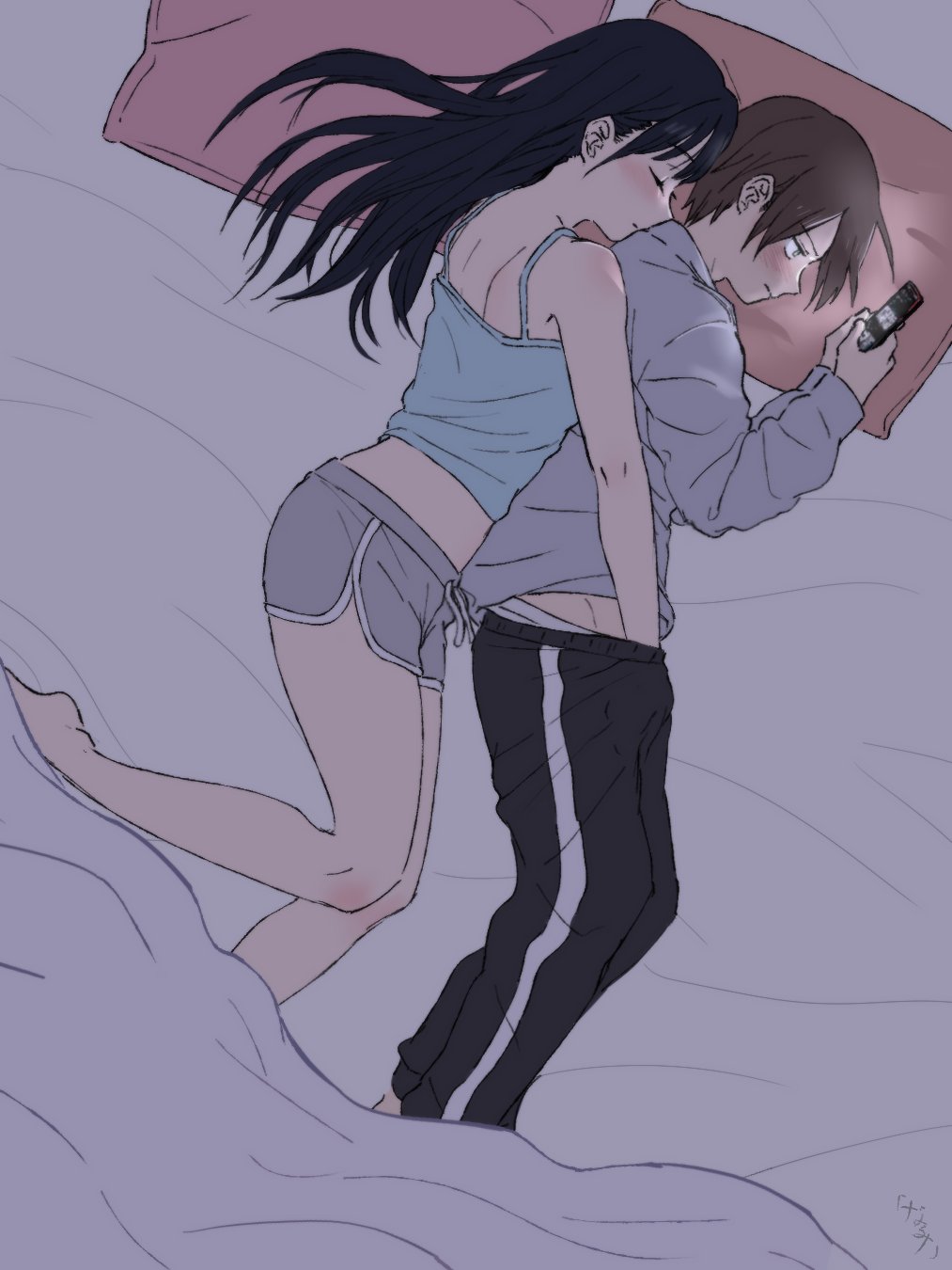 narumi (62rimi), ichikawa kyoutarou, yamada anna, boku no kokoro no yabai yatsu, commentary request, highres, 1boy, 1girl, black hair, black pants, blue camisole, brown hair, camisole, closed eyes, closed mouth, crop top, dolphin shorts, grey shirt, grey shorts, hair spread out, hand in another's clothes, hands up, head on pillow, hetero, holding, holding phone, implied handjob, long hair, long sleeves, looking at phone, lying, male underwear, on bed, on side, pants, phone, pillow, shirt, short hair, short shorts, shorts, underwear, very short hair, white male underwear