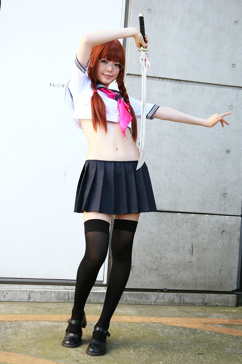 namada, arisugawa shii, the art of yamashita shunya, highres, photo (medium), 1girl, arisugawa shii (cosplay), asian, black shoes, black thighhighs, blue eyes, braid, brown hair, color contacts, contrapposto, cosplay, crop top, female focus, full body, glasses, lensless glasses, long hair, looking at viewer, mary janes, midriff, miniskirt, navel, pleated skirt, sailor, school uniform, serafuku, shoes, short sleeves, skirt, solo, standing, sword, thighhighs, twin braids, weapon, zettai ryouiki