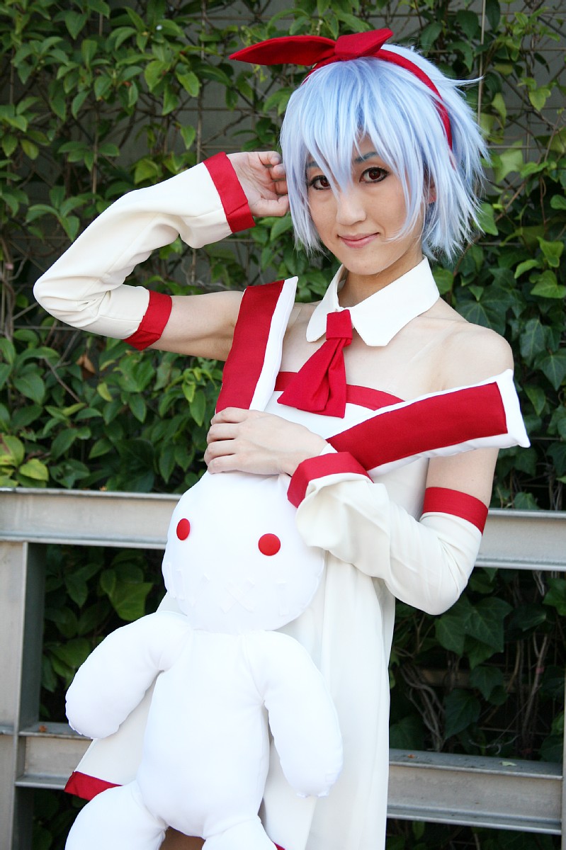 pleinair, highres, photo (medium), asakura hina, blue hair, bow, cosplay, hair bow, stuffed animal, stuffed rabbit, stuffed toy