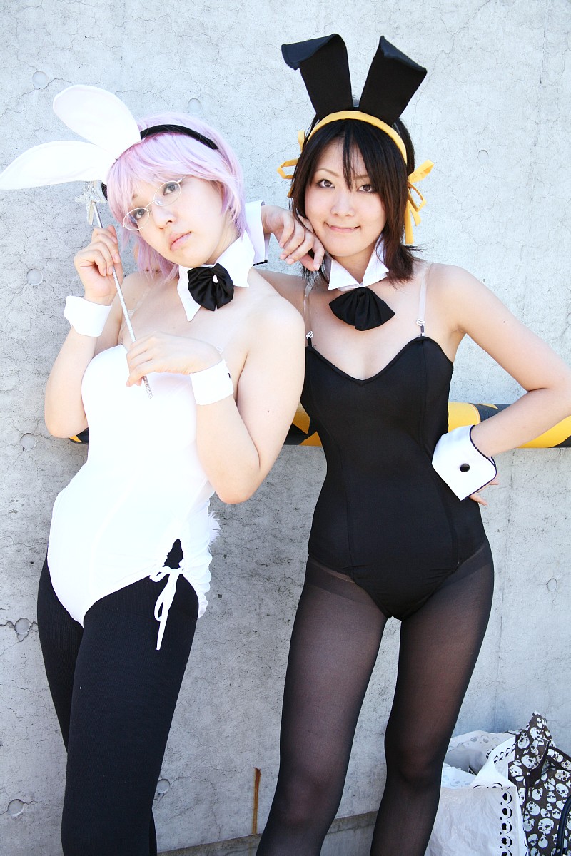 kasuga chidori, yoiyami yozora, nagato yuki, suzumiya haruhi, suzumiya haruhi no yuuutsu, highres, photo (medium), animal ears, cosplay, fake animal ears, glasses, hairband, pantyhose, playboy bunny, rabbit ears