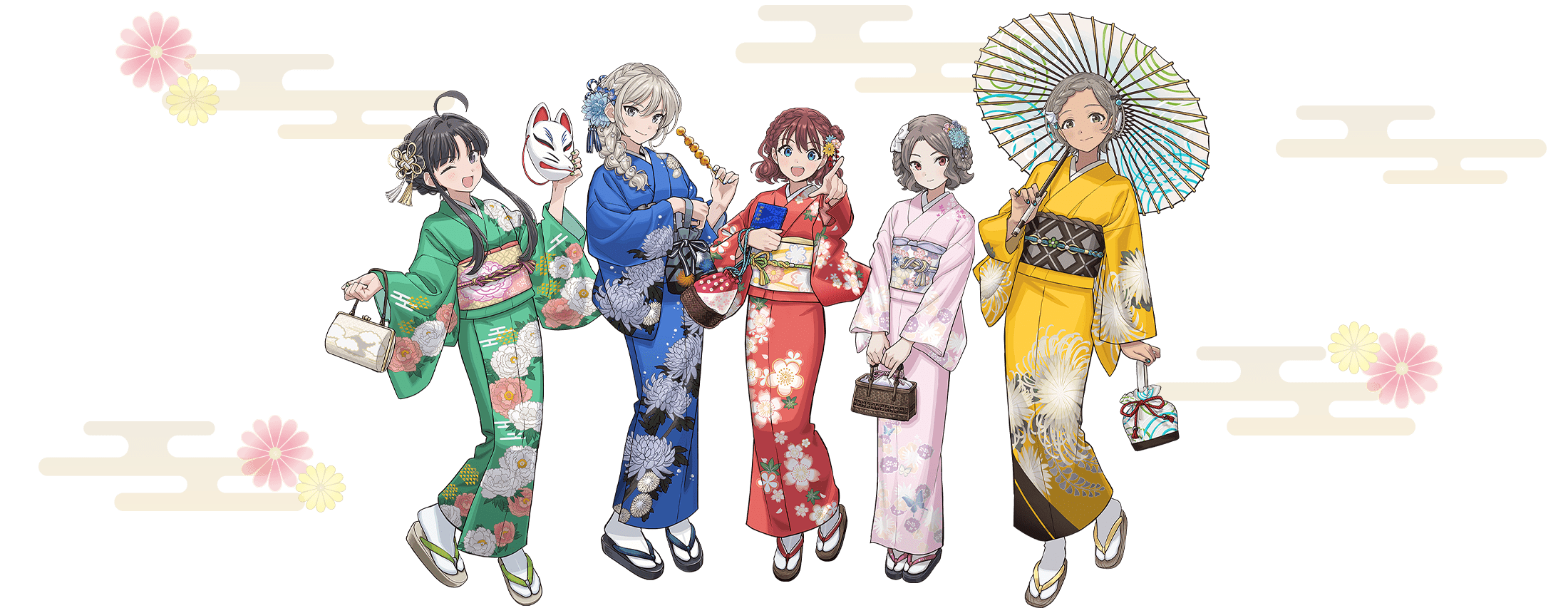 awa subaru, ebizuka tomo, iseri nina, kawaragi momoka, rupa (girls band cry), girls band cry, japan railways, artist request, highres, official art, 5girls, bag, black hair, blue eyes, blue kimono, braid, central japan railway company, egasumi, floral print, floral print kimono, green kimono, grey eyes, grey hair, hair between eyes, hair down, handbag, holding, holding bag, holding mask, japanese clothes, kimono, looking at viewer, mask, multicolored hair, multiple girls, obi, oil-paper umbrella, open mouth, parted bangs, pink kimono, print kimono, purple eyes, red eyes, red hair, red kimono, roots (hair), sash, short hair, short hair with long locks, single braid, socks, standing, togenashi togeari, umbrella, white socks, yellow kimono