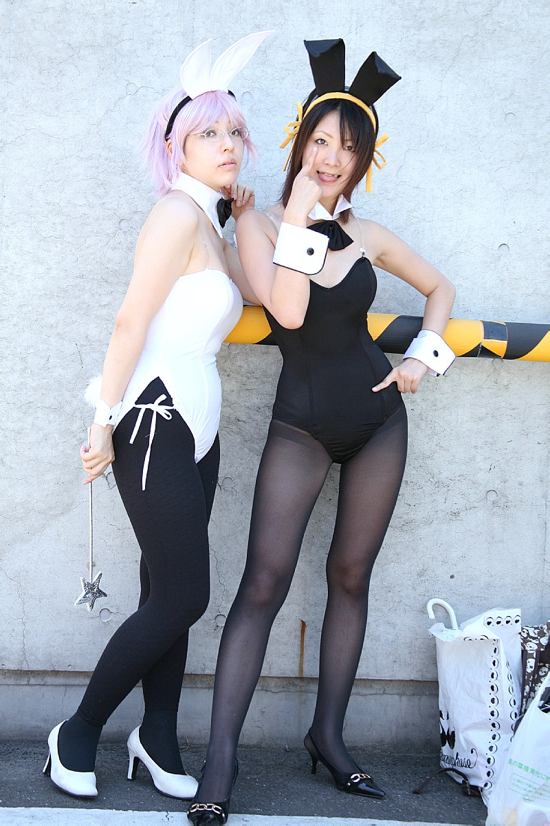 kasuga chidori, yoiyami yozora, nagato yuki, suzumiya haruhi, suzumiya haruhi no yuuutsu, highres, photo (medium), animal ears, cosplay, fake animal ears, glasses, hairband, pantyhose, playboy bunny, rabbit ears