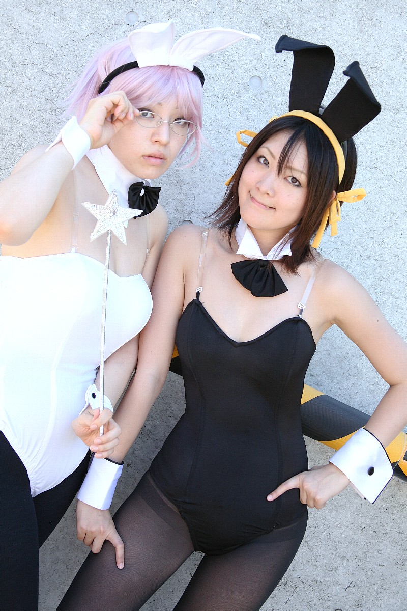 kasuga chidori, yoiyami yozora, nagato yuki, suzumiya haruhi, suzumiya haruhi no yuuutsu, highres, photo (medium), animal ears, cosplay, fake animal ears, glasses, hairband, pantyhose, playboy bunny, rabbit ears