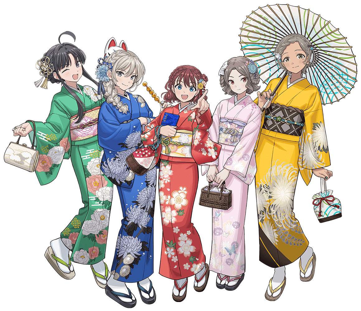 awa subaru, ebizuka tomo, iseri nina, kawaragi momoka, rupa (girls band cry), girls band cry, japan railways, artist request, official art, 5girls, bag, black hair, blue eyes, blue kimono, braid, central japan railway company, floral print, floral print kimono, green kimono, grey eyes, grey hair, hair between eyes, hair down, handbag, holding, holding bag, holding mask, japanese clothes, kimono, looking at viewer, mask, multicolored hair, multiple girls, obi, oil-paper umbrella, open mouth, parted bangs, pink kimono, print kimono, purple eyes, red eyes, red hair, red kimono, roots (hair), sash, short hair, short hair with long locks, single braid, socks, standing, togenashi togeari, umbrella, white socks, yellow kimono