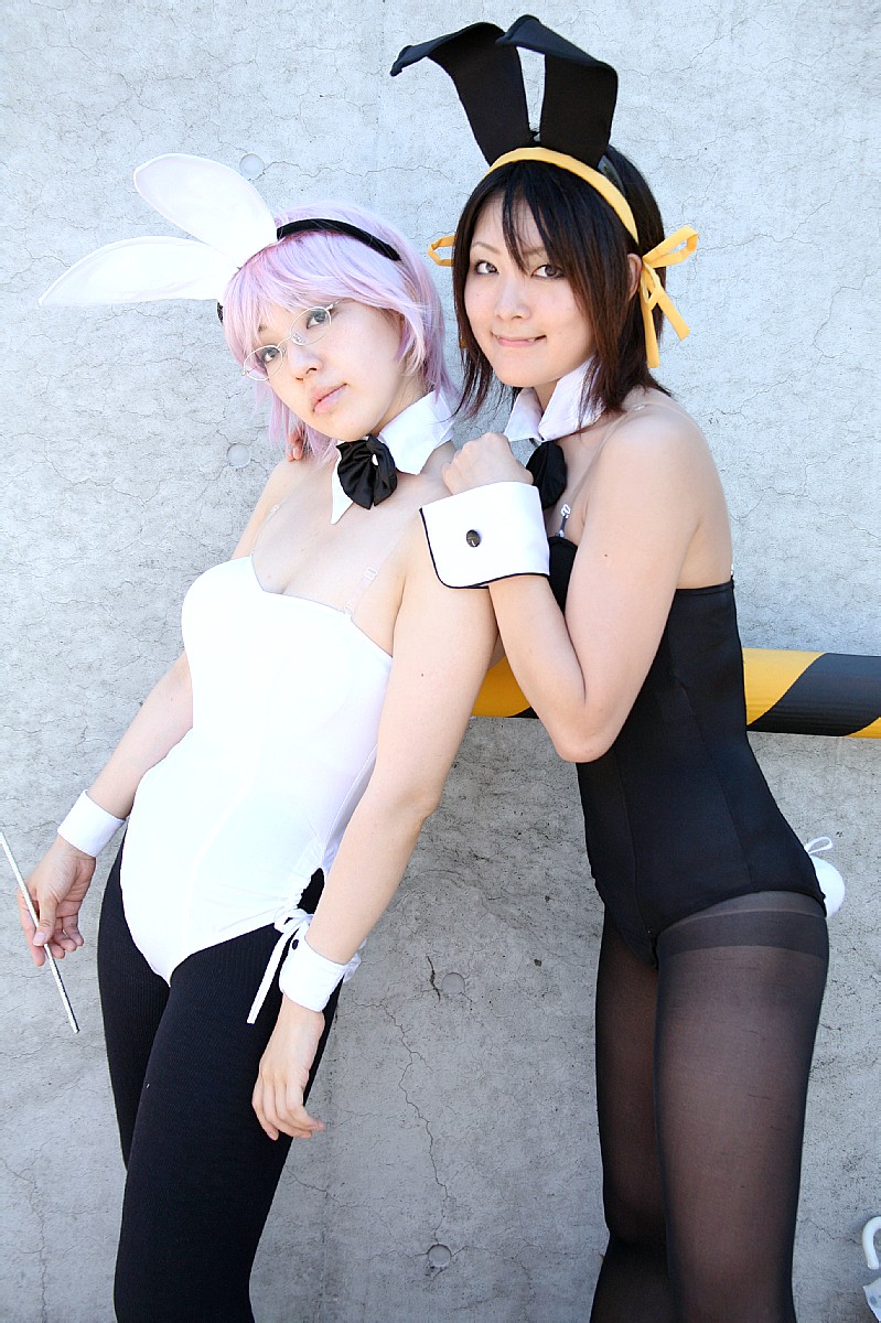kasuga chidori, yoiyami yozora, nagato yuki, suzumiya haruhi, suzumiya haruhi no yuuutsu, highres, photo (medium), animal ears, cosplay, fake animal ears, glasses, hairband, pantyhose, playboy bunny, rabbit ears