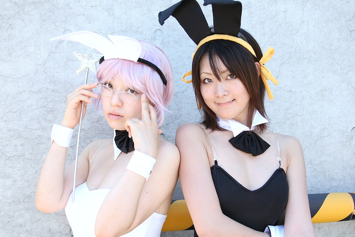 kasuga chidori, yoiyami yozora, nagato yuki, suzumiya haruhi, suzumiya haruhi no yuuutsu, photo (medium), animal ears, cosplay, fake animal ears, glasses, hairband, playboy bunny, rabbit ears