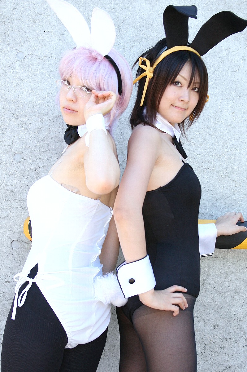 kasuga chidori, yoiyami yozora, nagato yuki, suzumiya haruhi, suzumiya haruhi no yuuutsu, highres, photo (medium), animal ears, cosplay, fake animal ears, glasses, hairband, pantyhose, playboy bunny, rabbit ears
