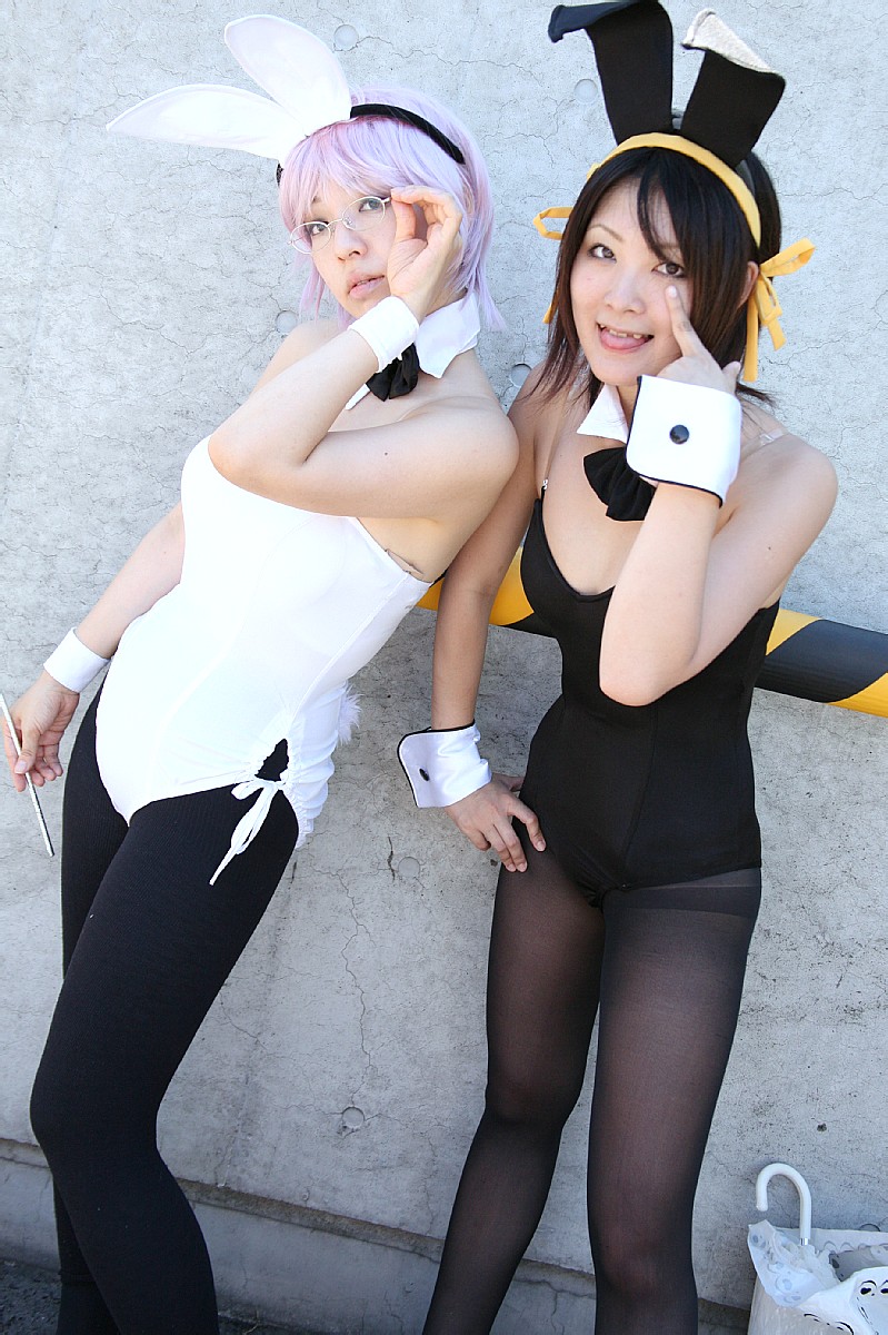 kasuga chidori, yoiyami yozora, nagato yuki, suzumiya haruhi, suzumiya haruhi no yuuutsu, highres, photo (medium), animal ears, cosplay, fake animal ears, glasses, hairband, pantyhose, playboy bunny, rabbit ears