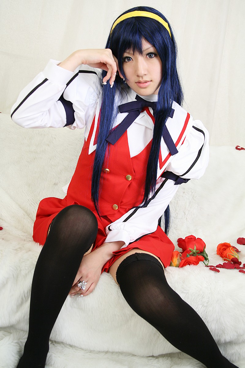 saya (cosplayer), himemiya chikane, kannazuki no miko, highres, photo (medium), blue hair, cosplay, hairband, school uniform, serafuku, thighhighs