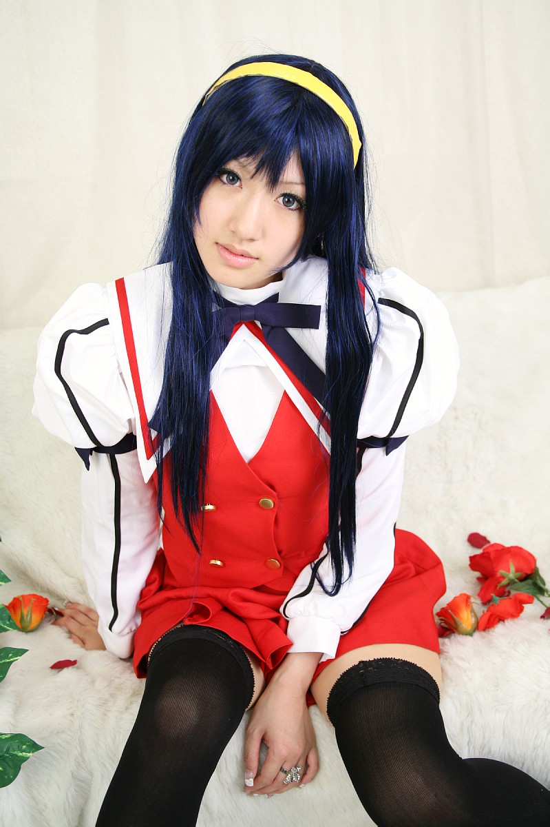 saya (cosplayer), himemiya chikane, kannazuki no miko, highres, photo (medium), blue hair, cosplay, hairband, school uniform, serafuku, thighhighs