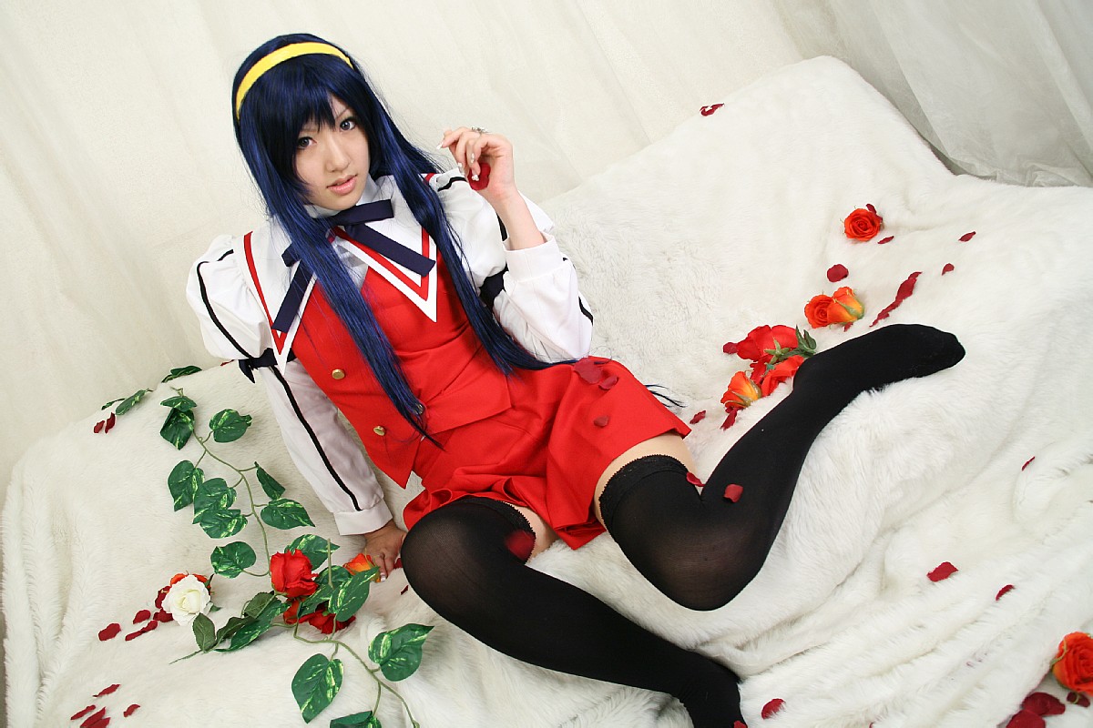 saya (cosplayer), himemiya chikane, kannazuki no miko, photo (medium), blue hair, cosplay, hairband, school uniform, serafuku, thighhighs