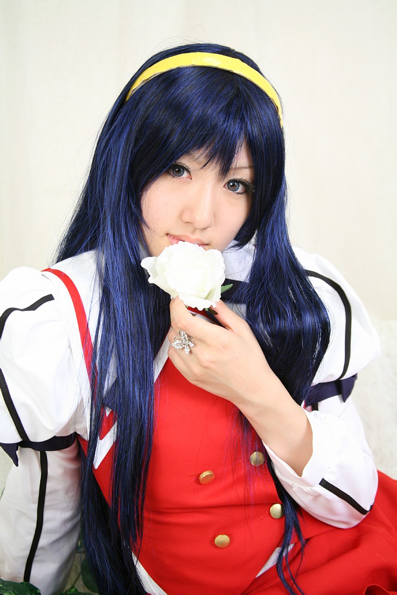 saya (cosplayer), himemiya chikane, kannazuki no miko, highres, photo (medium), blue hair, cosplay, hairband, school uniform, serafuku