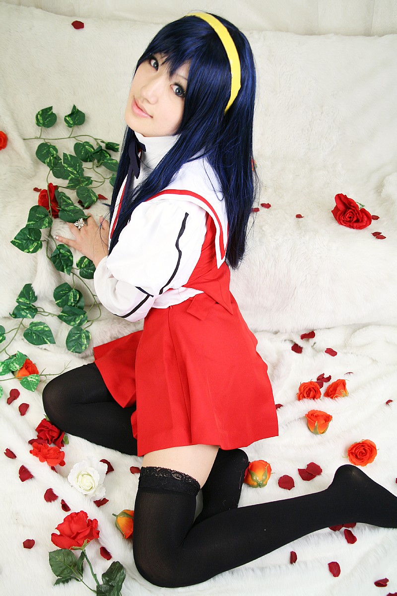 saya (cosplayer), himemiya chikane, kannazuki no miko, highres, photo (medium), blue hair, cosplay, feet, hairband, school uniform, serafuku, thighhighs