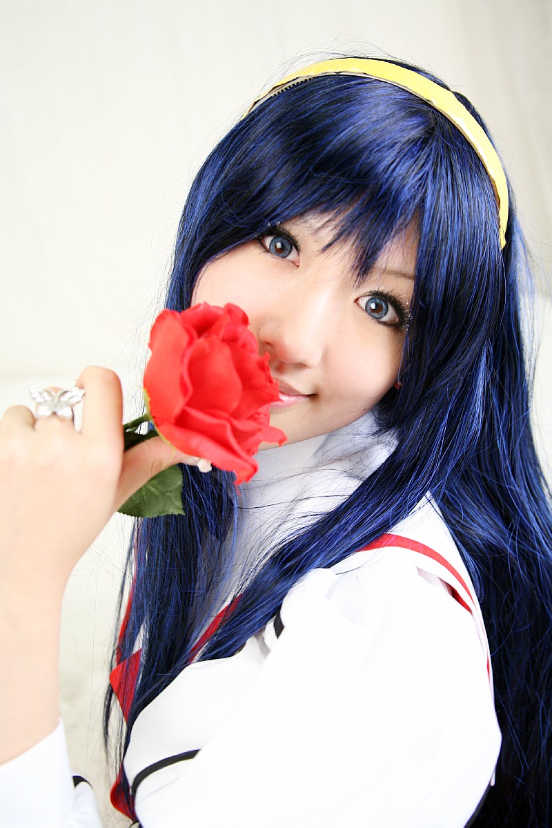 saya (cosplayer), himemiya chikane, kannazuki no miko, highres, photo (medium), blue hair, cosplay, hairband, school uniform, serafuku