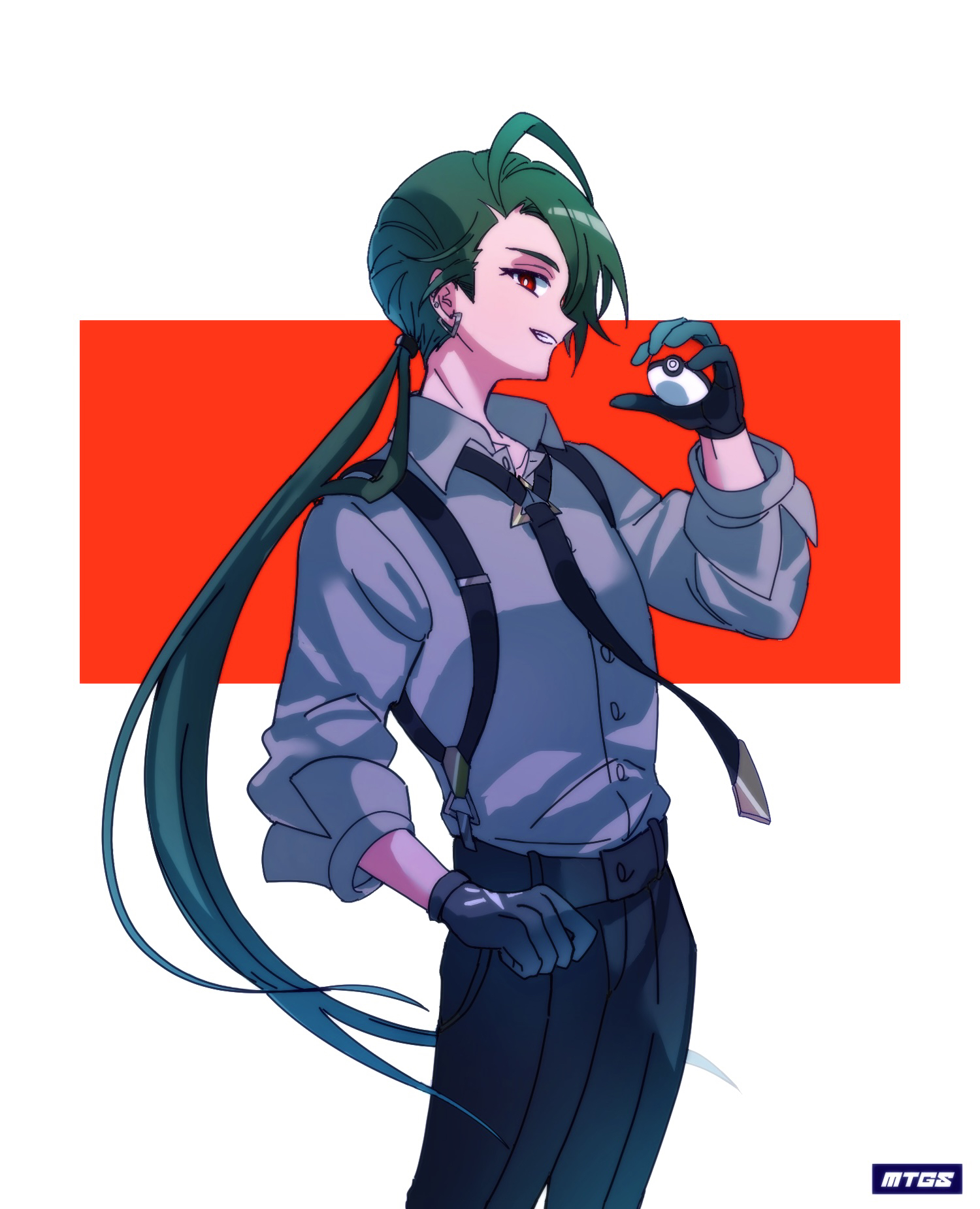 mitsugashi (picopani), rika (pokemon), nintendo, pokemon, pokemon sv, commentary request, highres, 1girl, ahoge, black gloves, black necktie, black pants, bright pupils, collared shirt, earrings, gloves, green hair, grey shirt, grin, holding, holding poke ball, jewelry, long hair, necktie, pants, poke ball, poke ball (basic), ponytail, red eyes, shirt, smile, solo, suspenders, teeth, white pupils