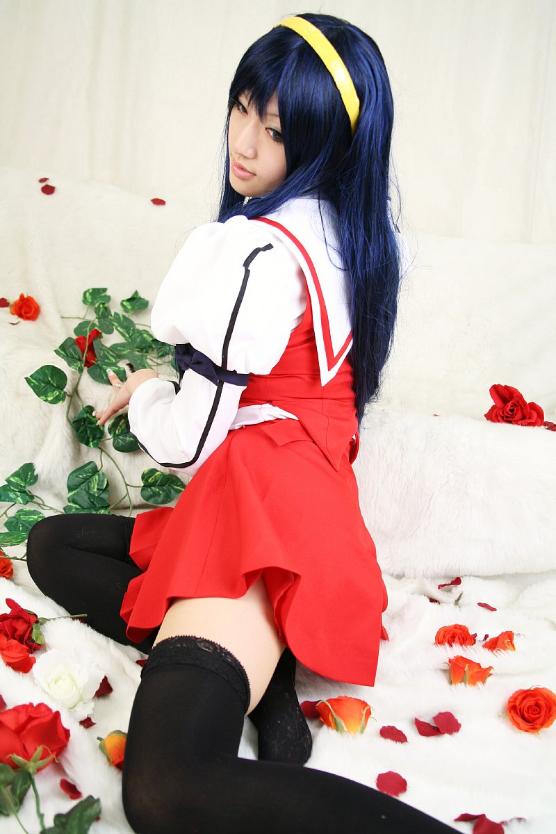 saya (cosplayer), himemiya chikane, kannazuki no miko, highres, photo (medium), blue hair, cosplay, feet, hairband, school uniform, serafuku, thighhighs