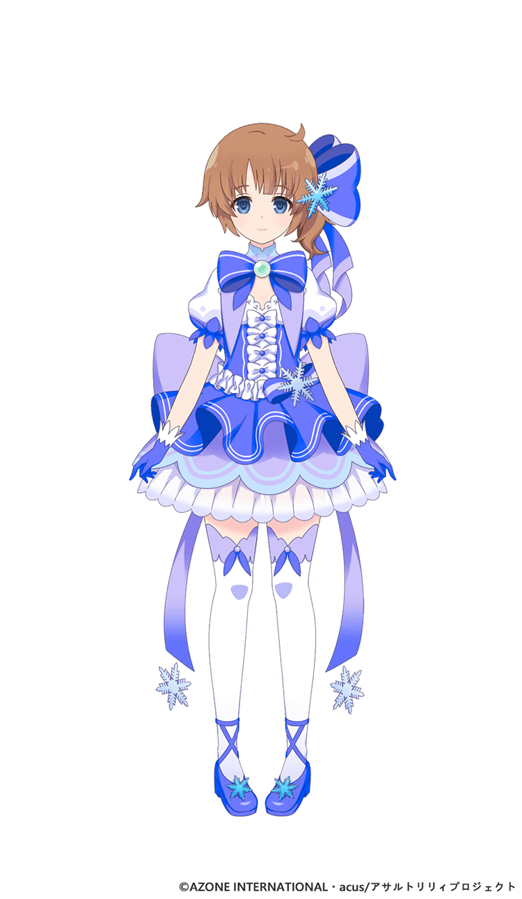 futagawa fumi, assault lily, highres, official art, 1girl, blue bow, blue bowtie, blue eyes, blue gemstone, blue ribbon, bow, bowtie, brown hair, dress, frilled dress, frills, gem, gloves, hair ornament, lolita fashion, magical girl, ribbon, shoes, short hair, snowflake ornament, thighhighs, white thighhighs
