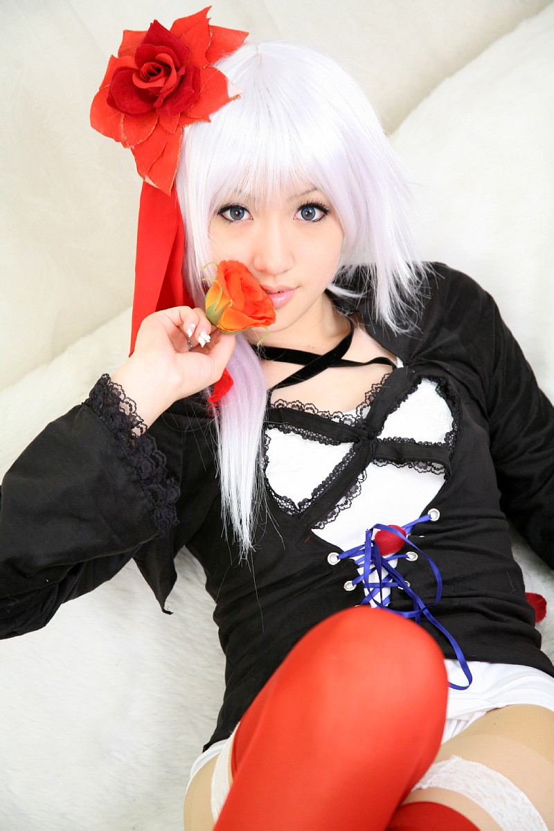 saya (cosplayer), silver hair, highres, photo (medium), bow, cosplay, flower, hair bow, lace, meidi, panties, rose, thighhighs, underwear