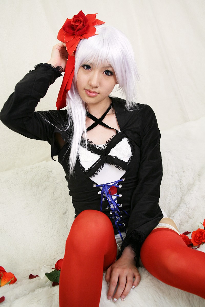 saya (cosplayer), silver hair, highres, photo (medium), bow, cosplay, flower, hair bow, lace, meidi, panties, rose, thighhighs, underwear