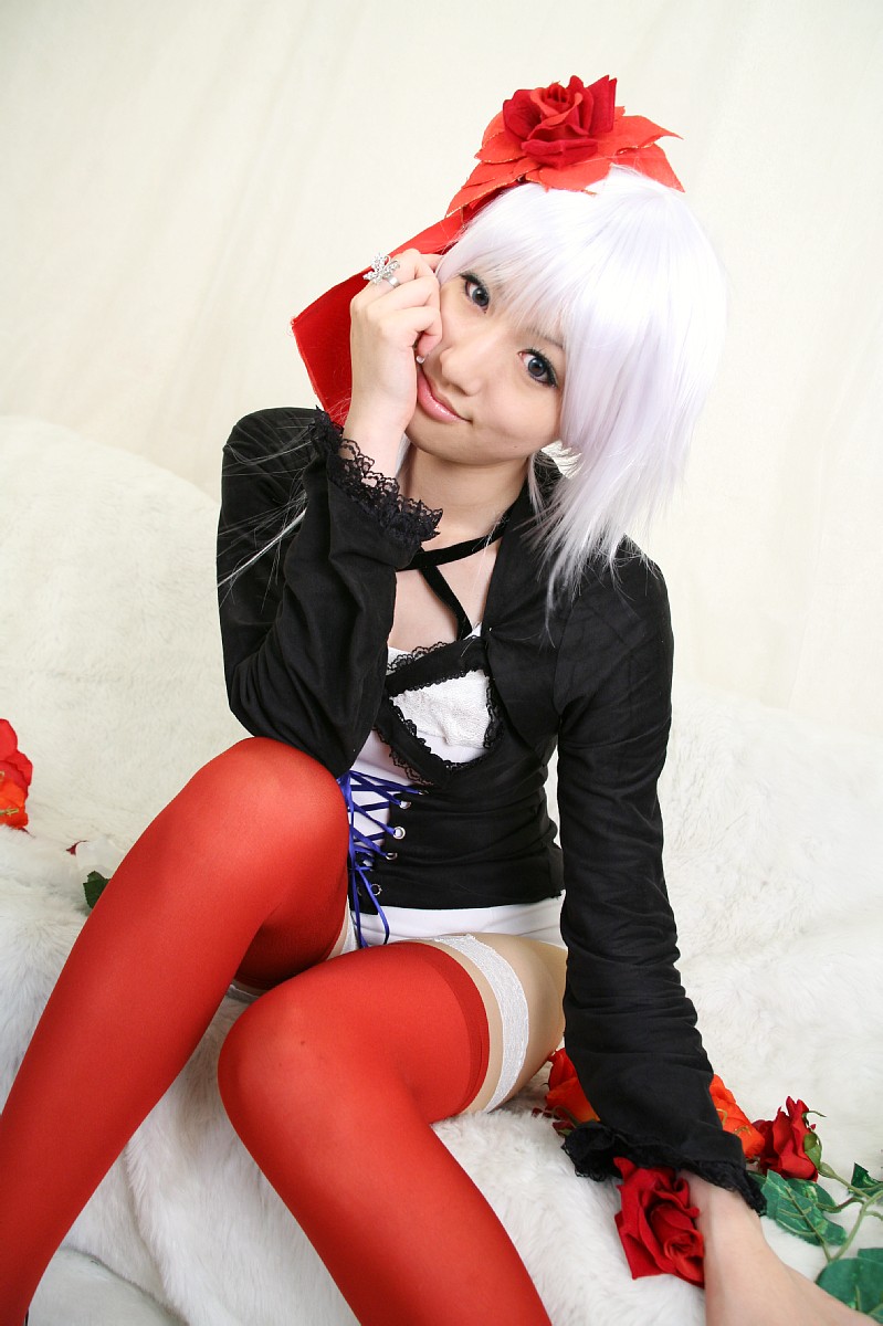 saya (cosplayer), silver hair, highres, photo (medium), bow, cosplay, flower, hair bow, lace, meidi, panties, rose, thighhighs, underwear