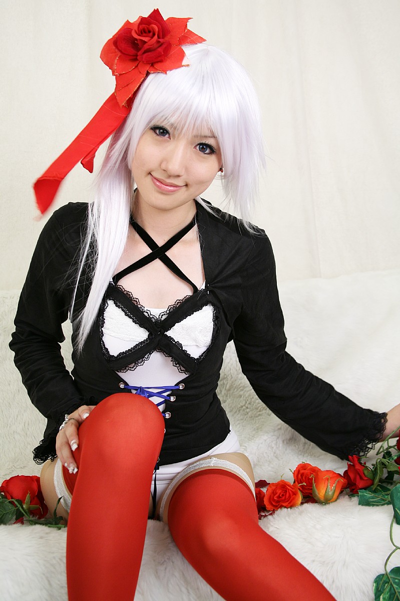 saya (cosplayer), silver hair, highres, photo (medium), bow, cosplay, flower, hair bow, lace, meidi, panties, rose, thighhighs, underwear