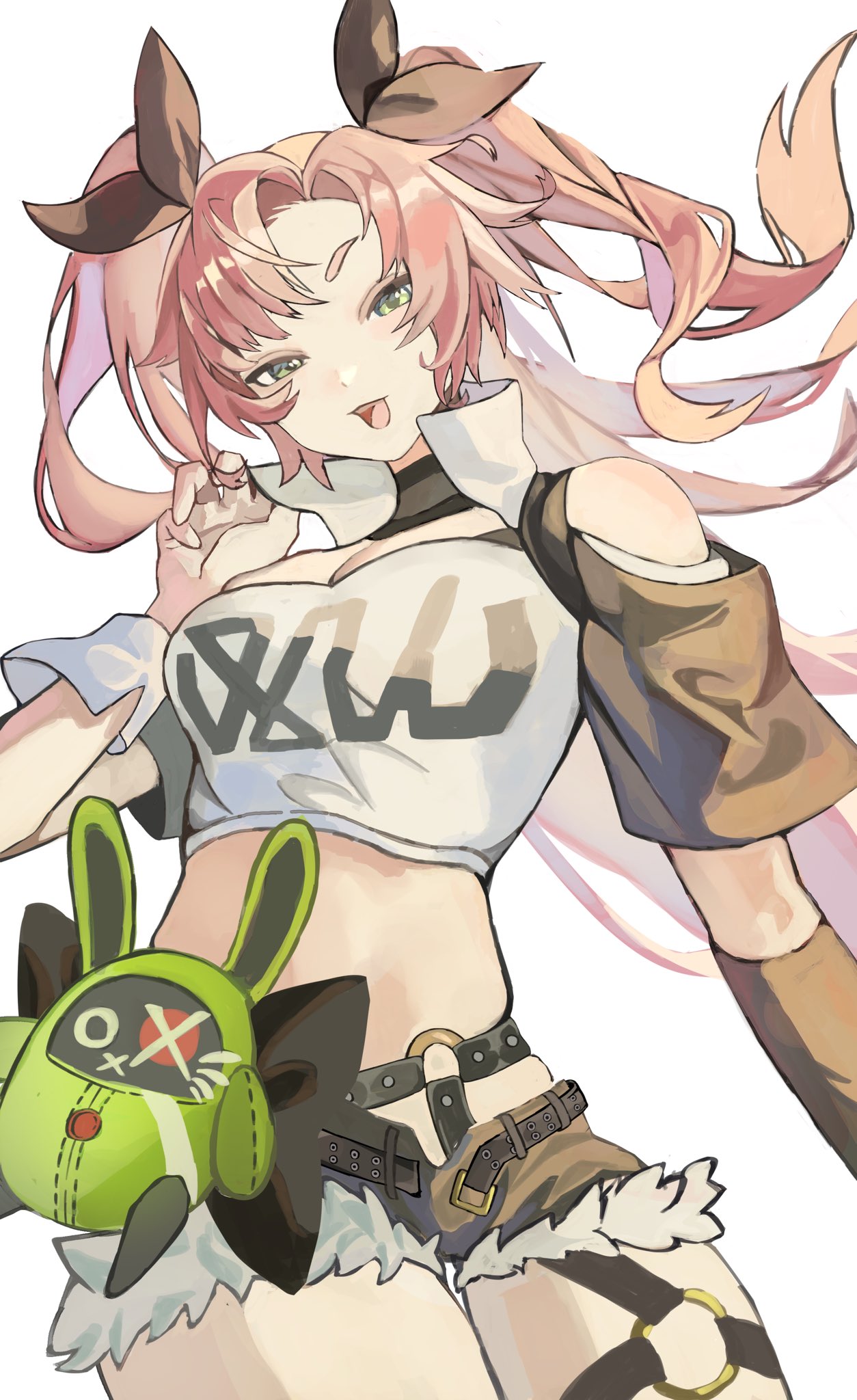 amillion (zenless zone zero), bangboo (zenless zone zero), nicole demara, zenless zone zero, highres, 1girl, belt, black ribbon, black shorts, clothing cutout, cutoffs, green eyes, looking at viewer, open mouth, pink hair, raised eyebrows, ribbon, shorts, shoulder cutout, single thighhigh, solo, strapless, stuffed toy, thighhighs, tube top, twintails, white tube top, yoyoyom2223
