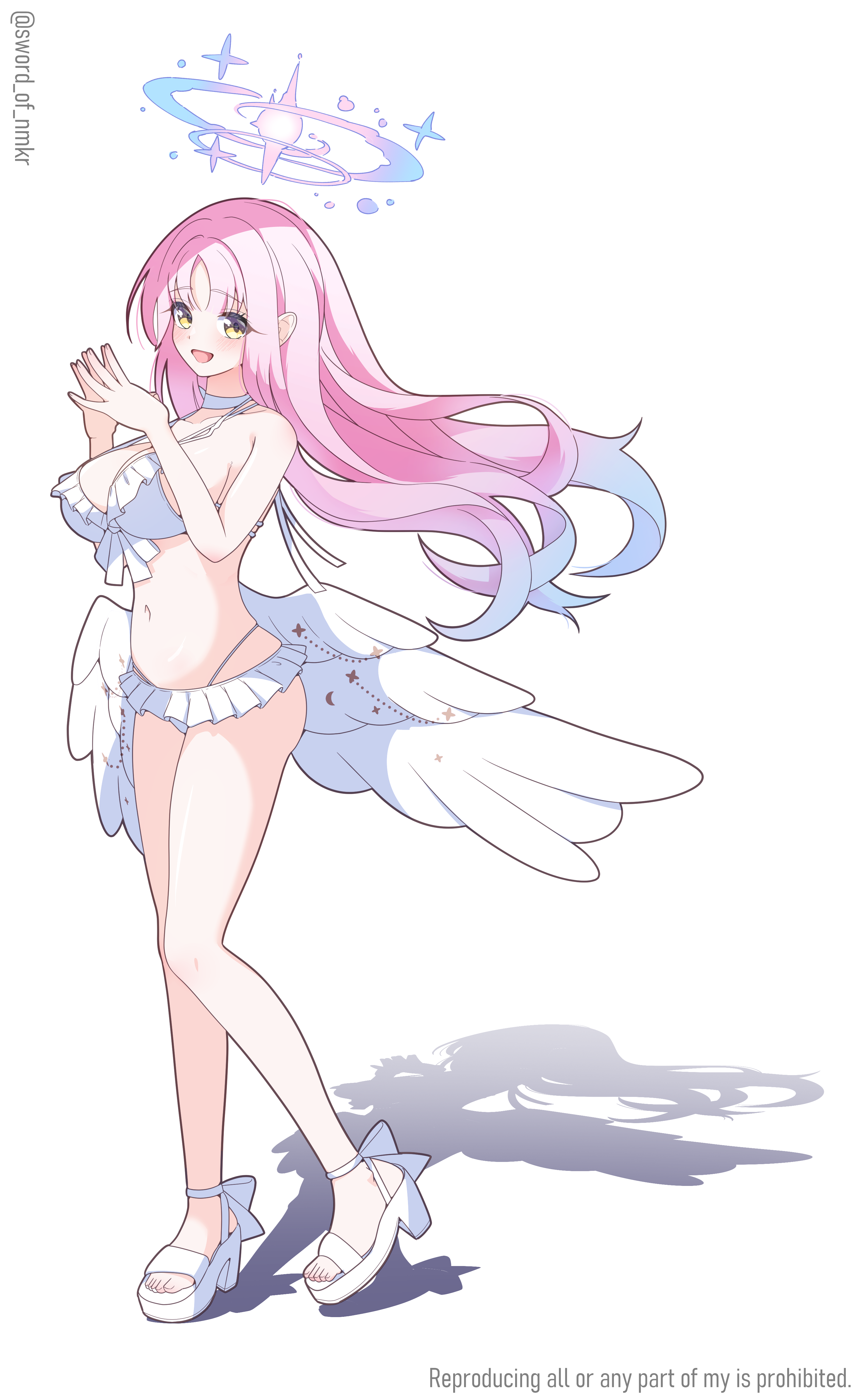murasame (sword of nmkr), mika (blue archive), mika (swimsuit) (blue archive), blue archive, absurdres, highres, 1girl, alternate breast size (larger), angel wings, aqua hair, bikini, blush, breasts, feathered wings, full body, gradient hair, halo, large breasts, long hair, looking at viewer, low wings, multicolored hair, navel, official alternate costume, official alternate hairstyle, open mouth, pink hair, pink halo, sandals, simple background, smile, solo, stomach, swimsuit, white background, white bikini, white wings, wing ornament, wings, yellow eyes