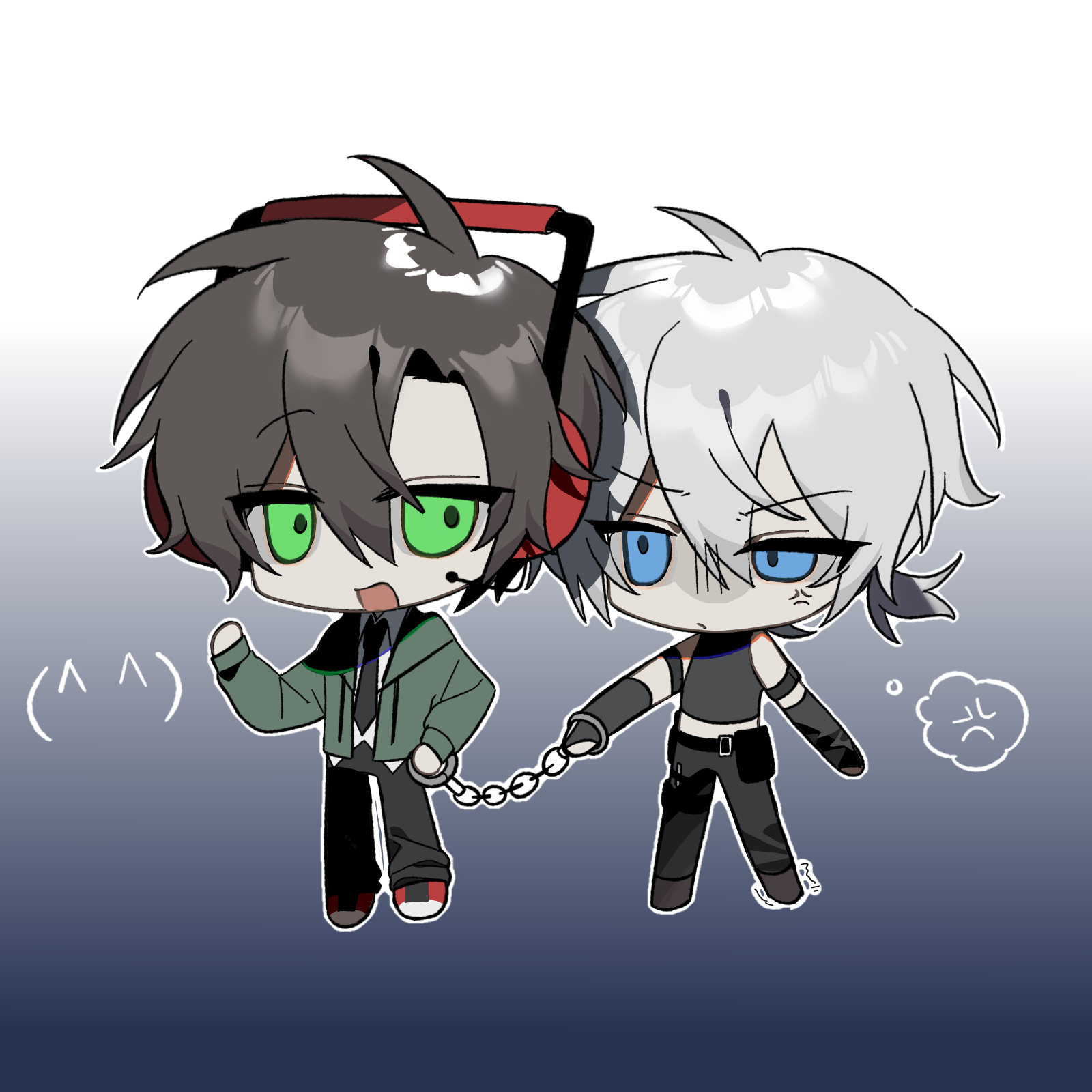 charles calvin, henry stickmin, henry stickmin (series), chinese commentary, commentary request, highres, 2boys, :d, ahoge, animification, armlet, bare shoulders, belt, black belt, black gloves, black necktie, black pants, black shirt, blue background, blue eyes, brown hair, brown shoes, chain, chibi, chibi only, closed mouth, collared shirt, cuffs, double-parted bangs, elbow gloves, frown, full body, gloves, gradient background, green eyes, green jacket, hair between eyes, hand up, handcuffs, headphones, headset, holding, holding handcuffs, jacket, jewelry, long sleeves, low ponytail, multiple boys, necktie, no fingers, open clothes, open jacket, open mouth, outline, pants, ponytail, puffy long sleeves, puffy sleeves, red shoes, shirt, shoes, short hair, short ponytail, simple background, sleeveless, sleeveless shirt, smile, standing, uneven eyes, v-shaped eyebrows, white background, white hair, white outline, white shirt, xeri0305