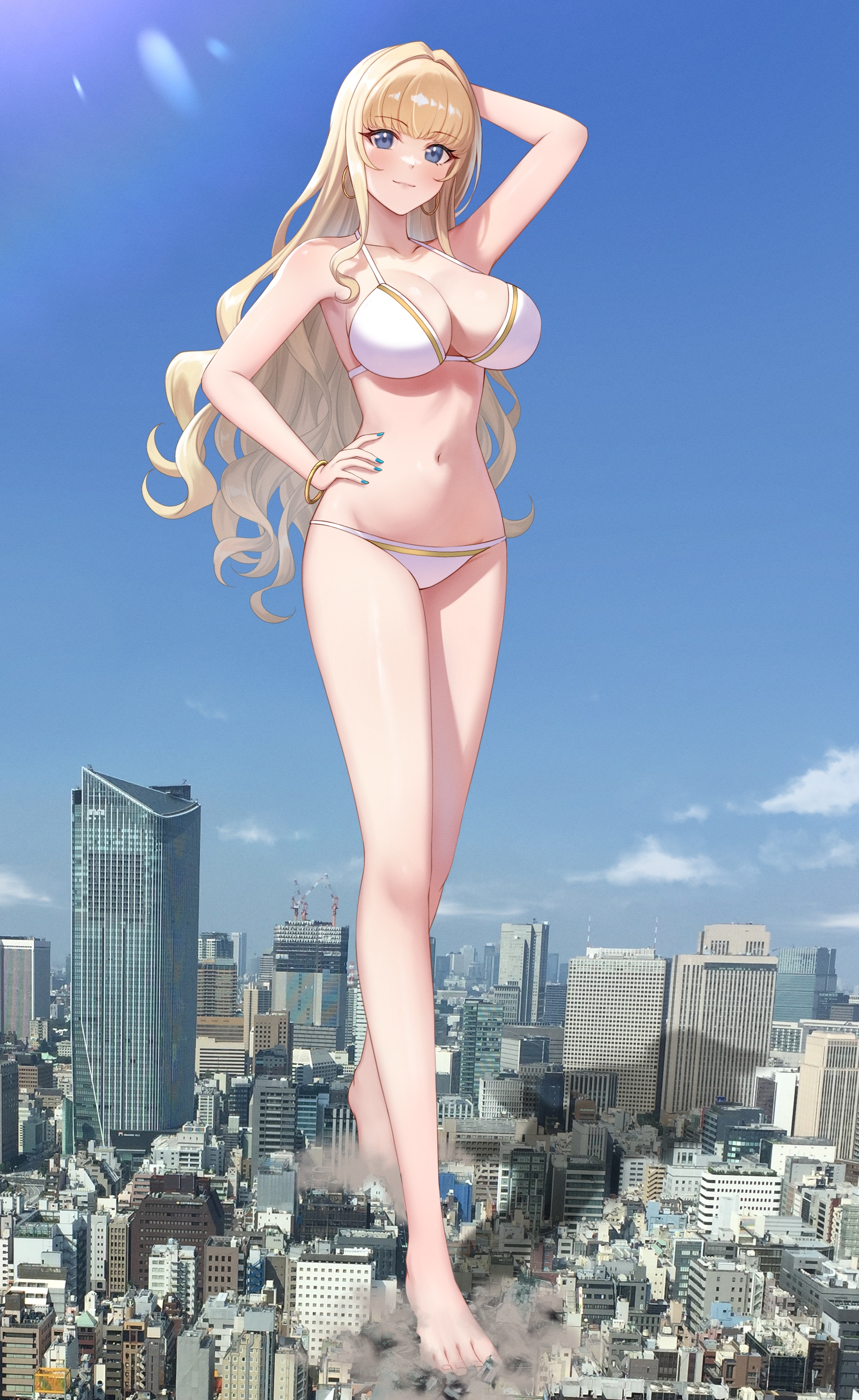 numaguro (tomokun0808), kirahoshi kanna, dolphin wave, absurdres, commission, highres, skeb commission, 1girl, arm behind head, arm up, bikini, blonde hair, blue eyes, blue nails, blue sky, breasts, building, city, collarbone, day, giant, giantess, hair intakes, large breasts, long hair, navel, photo background, sky, smile, solo, standing, stomach, swimsuit, wavy hair, white bikini