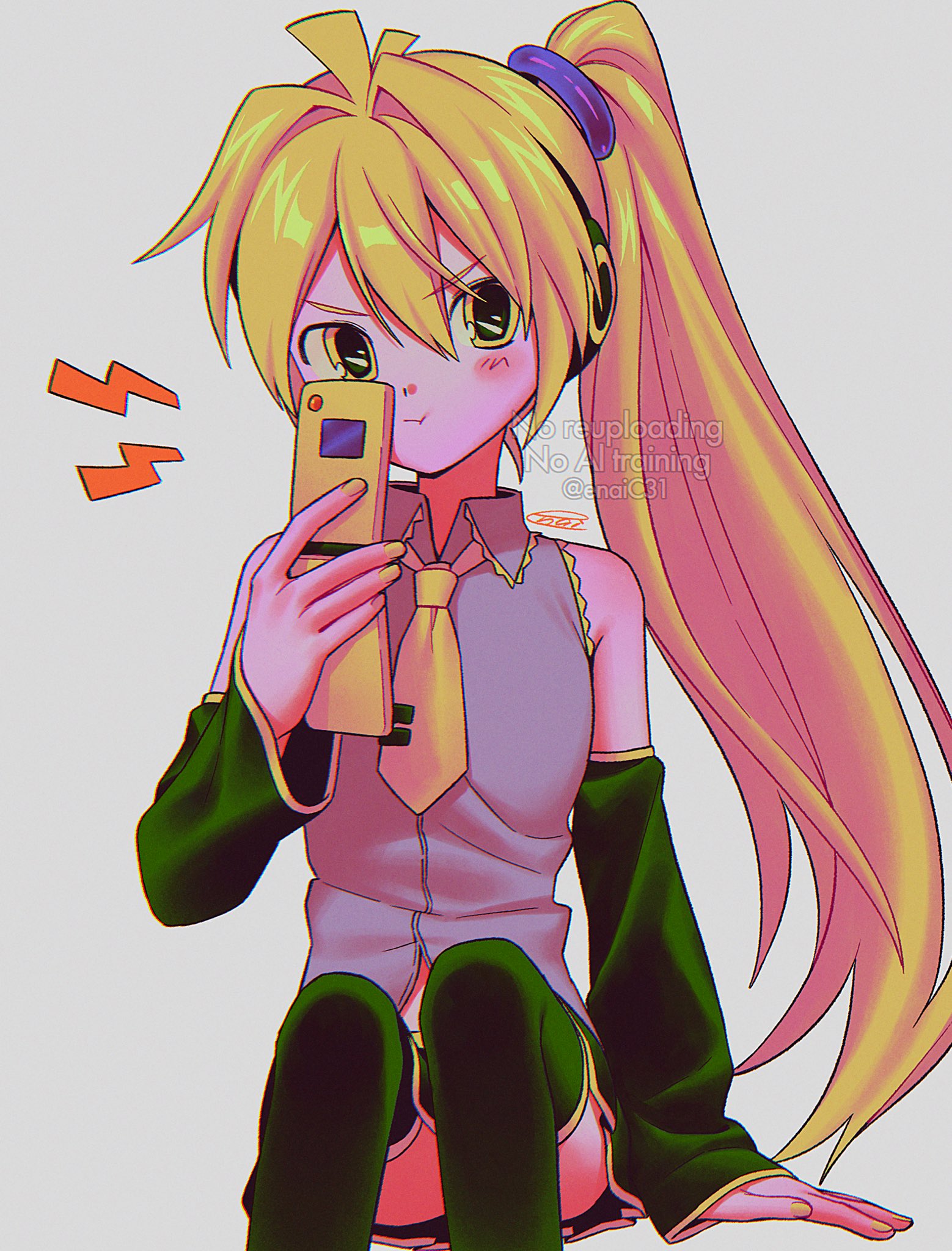 menma (enaic31), akita neru, vocaloid, highres, 1girl, :t, antenna hair, arm at side, arm support, bare shoulders, black skirt, black sleeves, black thighhighs, blonde hair, breasts, cellphone, chromatic aberration, closed mouth, collared shirt, convenient leg, detached sleeves, double-parted bangs, faux retro artstyle, feet out of frame, film grain, flip phone, frilled shirt, frilled shirt collar, frills, grey background, grey shirt, hair between eyes, hair intakes, hair ornament, hand up, headphones, high side ponytail, holding, holding phone, invisible chair, long hair, long sleeves, looking at viewer, miniskirt, nail polish, necktie, phone, pleated skirt, shirt, side ponytail, signature, simple background, sitting, skinny, skirt, sleeveless, sleeveless shirt, sleeves past wrists, small breasts, solo, thighhighs, tie clip, twitter username, v-shaped eyebrows, very long hair, watermark, yellow eyes, yellow necktie, yellow trim, zettai ryouiki