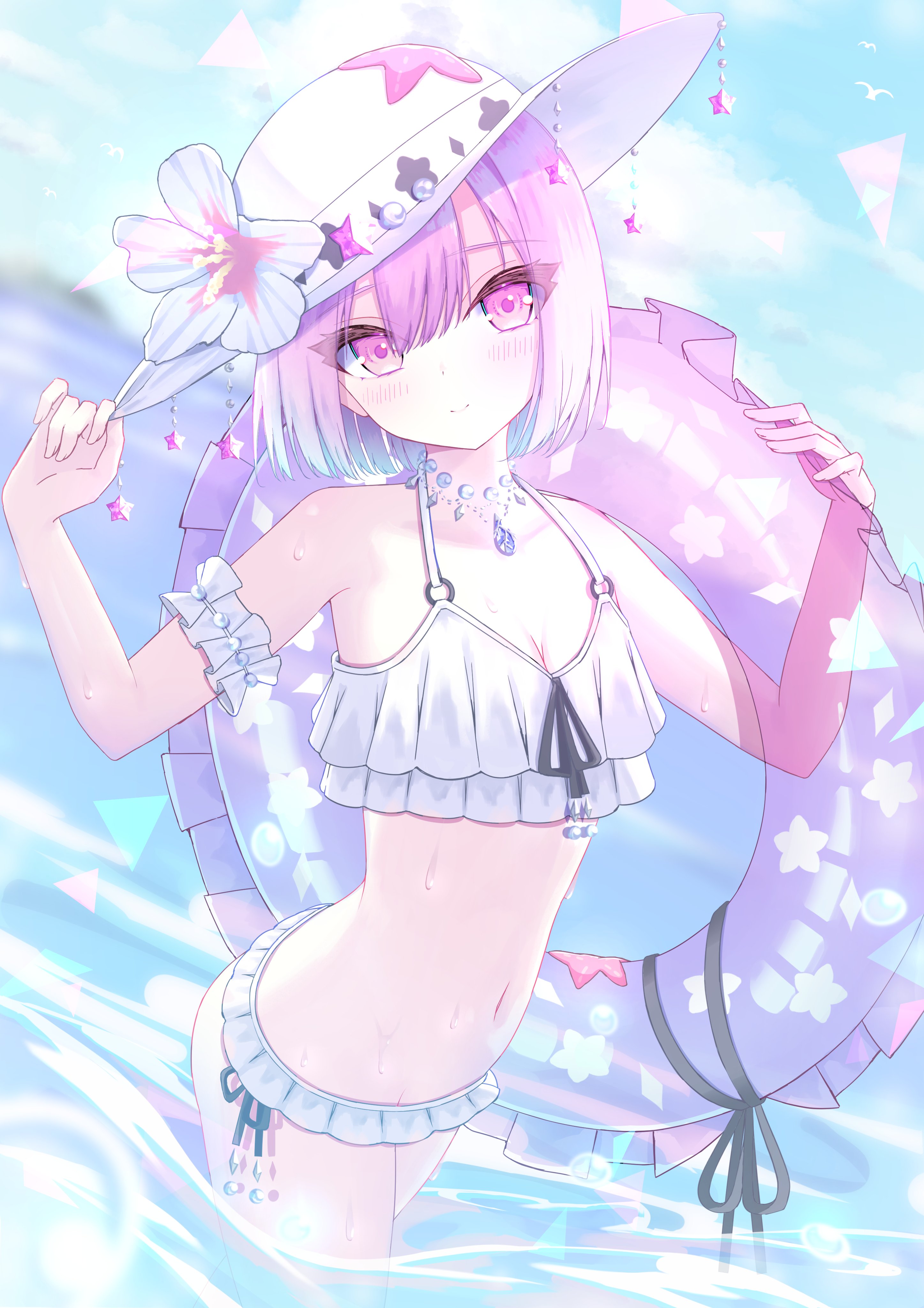 kouizumi, original, absurdres, highres, 1girl, bare shoulders, bikini, breasts, cleavage, closed mouth, collarbone, cowboy shot, day, flower, hat, hat flower, innertube, looking at viewer, navel, outdoors, pink eyes, pink hair, sky, small breasts, solo, swim ring, swimsuit, white bikini