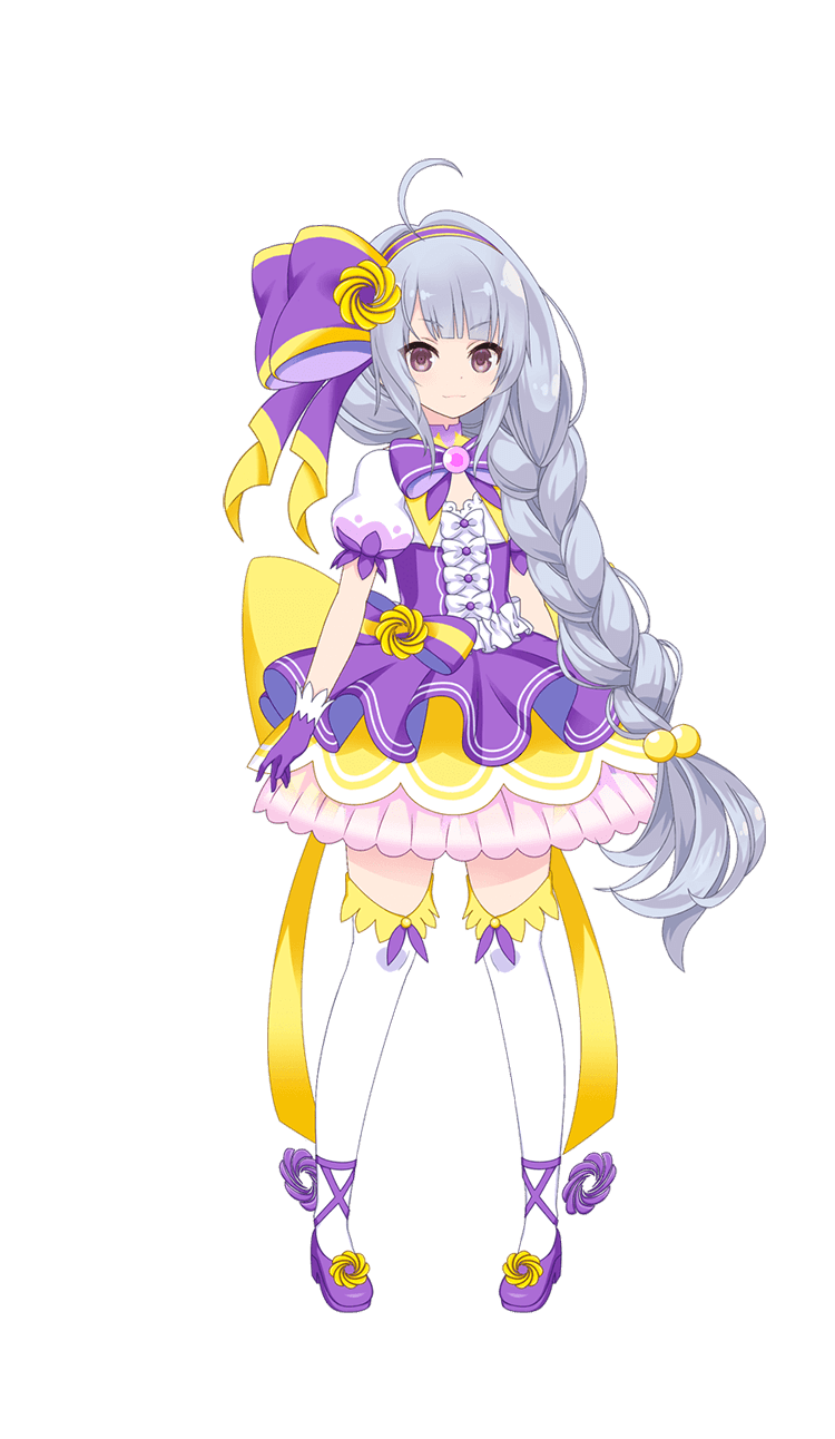 miriam hildegard von gropius, assault lily, highres, official art, 1girl, bow, bowtie, dress, frilled dress, frills, gem, gloves, grey eyes, grey hair, hime cut, lolita fashion, long hair, magical girl, pink gemstone, ponytail, purple bow, purple bowtie, ribbon, shoes, smile, thighhighs, white thighhighs, yellow bow, yellow bowtie, yellow ribbon