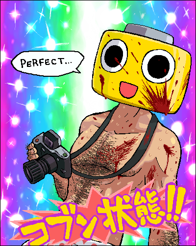 johnnie, frank west, servbot (mega man), capcom, dead rising, dead rising 1, duel love, mega man (series), mega man legends (series), lowres, translated, 1boy, blood, camera, chest hair, heaven condition, jaggy lines, male focus, oekaki, parody, solo, sparkle, what