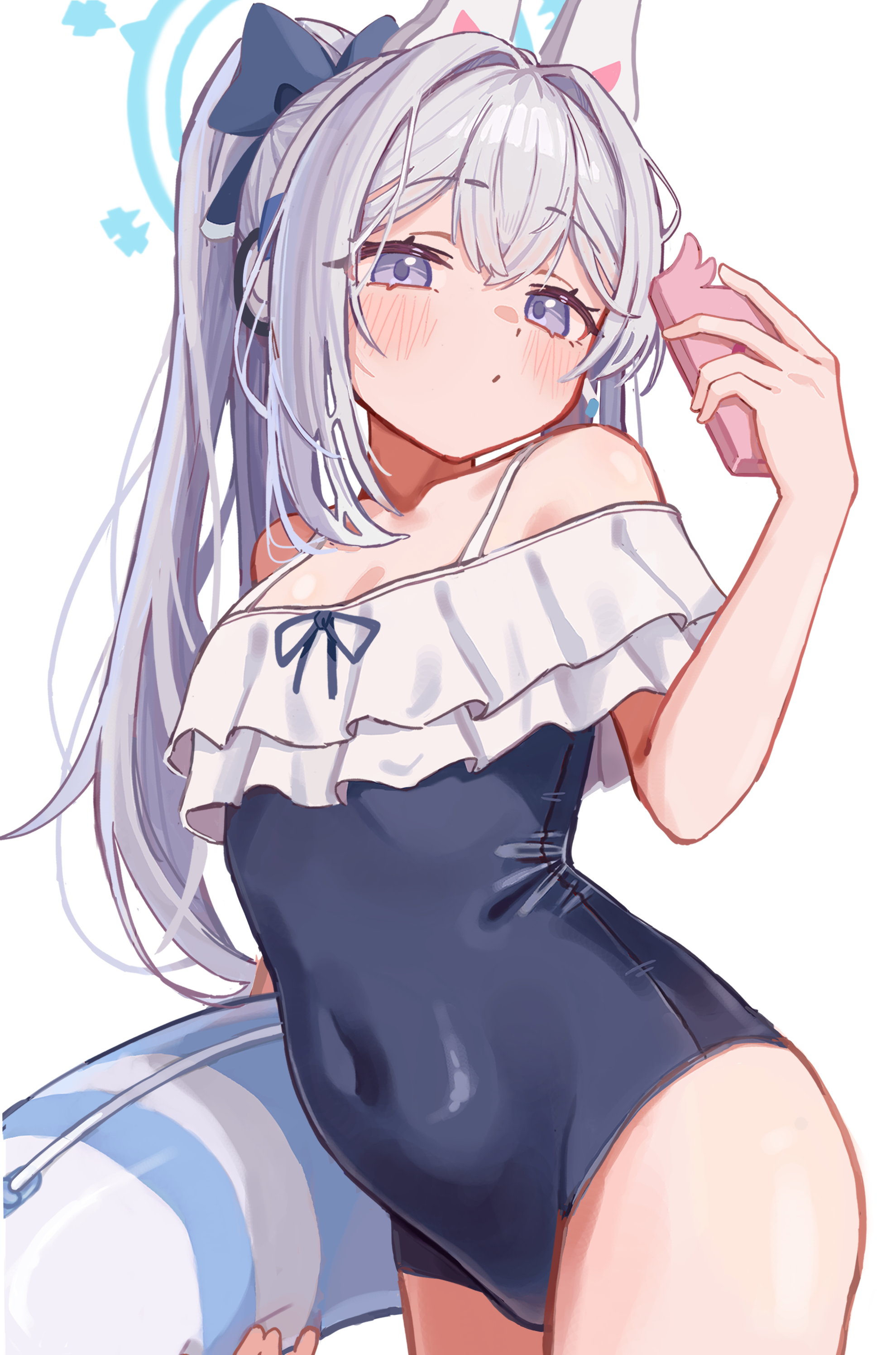 masute, miyako (blue archive), miyako (swimsuit) (blue archive), blue archive, absurdres, commentary request, highres, 1girl, bare shoulders, blue eyes, blue halo, blue one-piece swimsuit, blush, casual one-piece swimsuit, closed mouth, covered navel, frilled one-piece swimsuit, frills, grey hair, hair intakes, halo, hand up, holding, holding phone, long hair, looking at viewer, off-shoulder one-piece swimsuit, off shoulder, official alternate costume, one-piece swimsuit, phone, ponytail, simple background, solo, swimsuit, two-tone one-piece swimsuit, very long hair, white background, white hair, white innertube