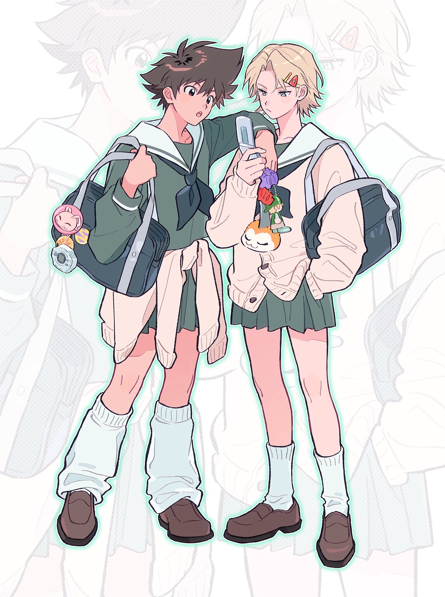 ishida yamato, koromon, takaishi takeru, tunomon, yagami taichi, digimon, digimon adventure, digimon adventure tri., commentary, highres, 2boys, badge, bag, bag charm, blonde hair, brown hair, button badge, cardigan, cardigan around waist, cellphone charm, character charm, charm (object), clothes around waist, crossdressing, crossdressing (mtf), digivice, green neckerchief, green serafuku, hair ornament, hairclip, hand in pocket, hand on another's shoulder, holding, holding bag, holding phone, konashio, loafers, long sleeves, looking at object, loose socks, male focus, miniskirt, multiple boys, neckerchief, open mouth, phone, pleated skirt, school bag, school uniform, serafuku, shoes, short hair, skirt, socks, white background, white socks, zoom layer