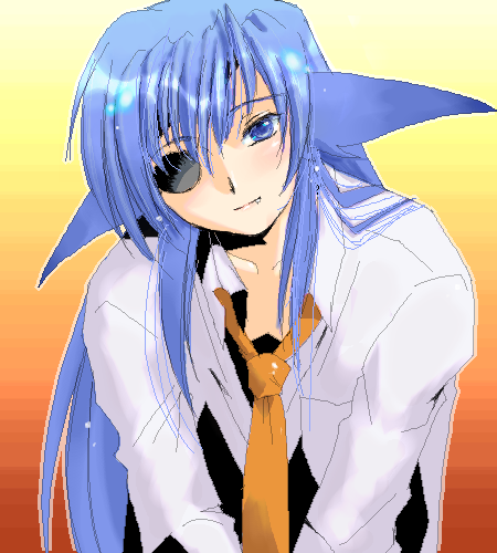 yagisaka seto, follower (yagisaka seto), original, lowres, 1boy, animal ears, blue hair, eyepatch, male focus, monster boy, necktie, oekaki, solo