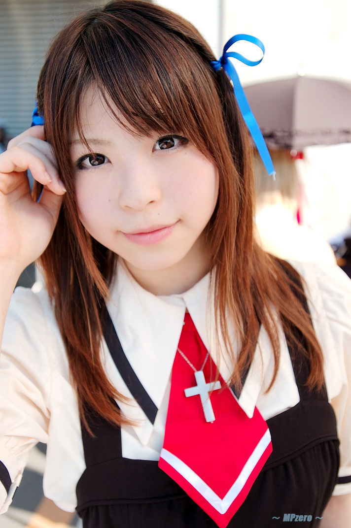 katou mari, toono minagi, air (visual novel), photo (medium), cosplay, hair ribbon, ribbon, school uniform, serafuku