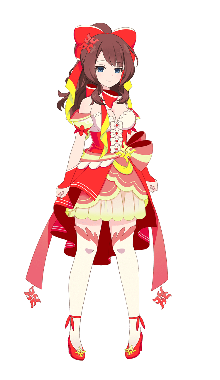 kaede johan nouvel, assault lily, highres, official art, 1girl, bare shoulders, blue eyes, bow, bowtie, breasts, brown hair, cleavage, dress, frilled dress, frills, gloves, high heels, lolita fashion, long hair, magical girl, red bow, red bowtie, ribbon, shoes, smile, thighhighs, white thighhighs