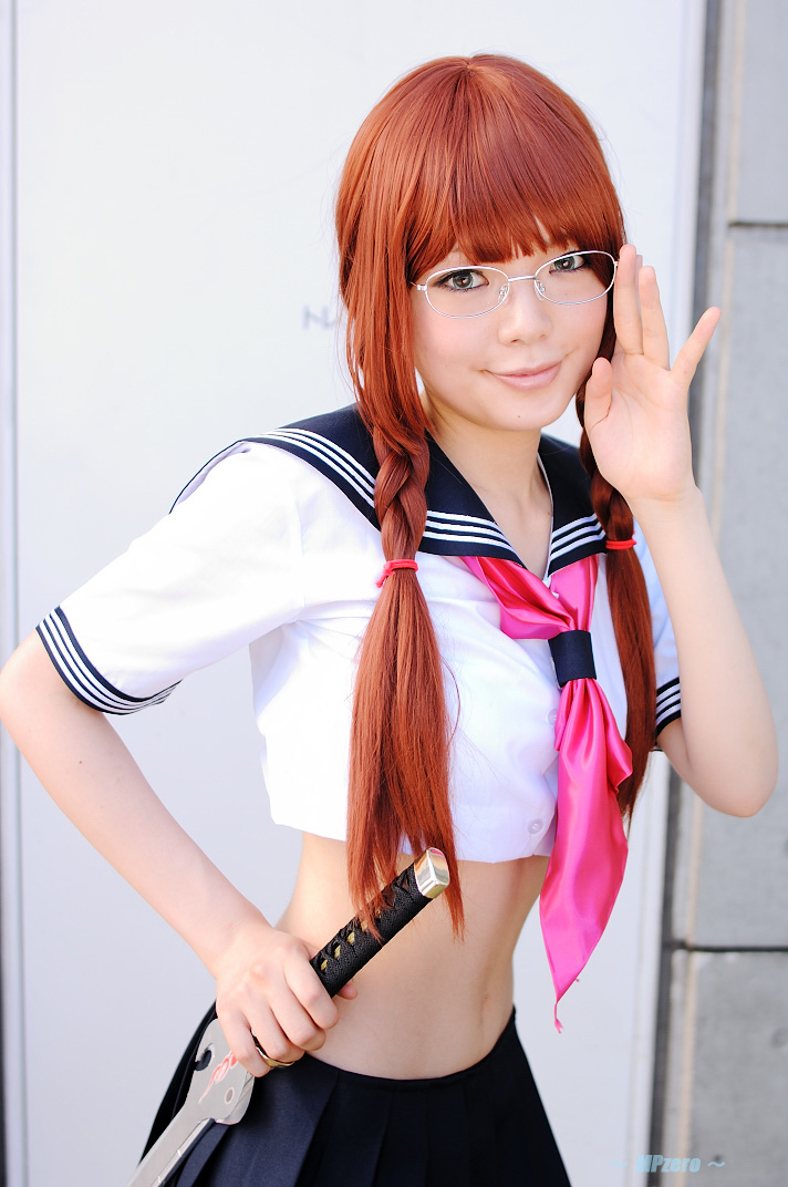 namada, arisugawa shii, the art of yamashita shunya, photo (medium), 1girl, arisugawa shii (cosplay), asian, blue eyes, braid, brown hair, color contacts, cosplay, crop top, female focus, glasses, lensless glasses, long hair, looking at viewer, midriff, navel, pleated skirt, sailor, school uniform, serafuku, short sleeves, skirt, solo, standing, sword, twin braids, weapon