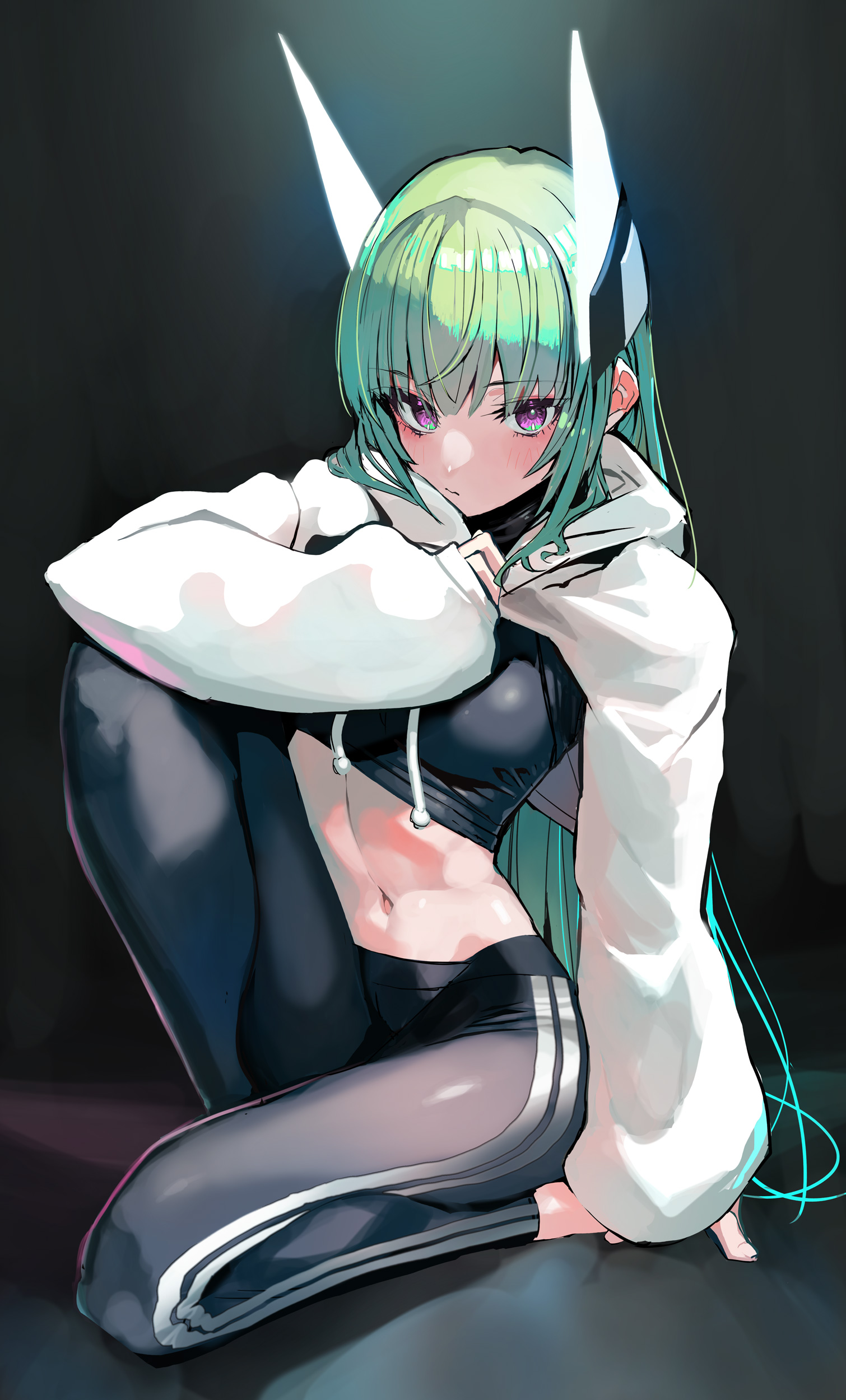 taishi (picchiridou), menou kaname (taishi), original, absurdres, commentary request, highres, 1girl, arm support, black pants, black shirt, blush, breasts, closed mouth, crop top, cropped shirt, eyelashes, full body, green hair, hooded shrug, knee up, linea alba, long hair, long sleeves, looking at viewer, midriff, navel, pants, purple eyes, shirt, shrug (clothing), sitting, sleeves past wrists, solo, straight hair, taut clothes, taut shirt, toned, toned female, track pants, very long hair, white shrug