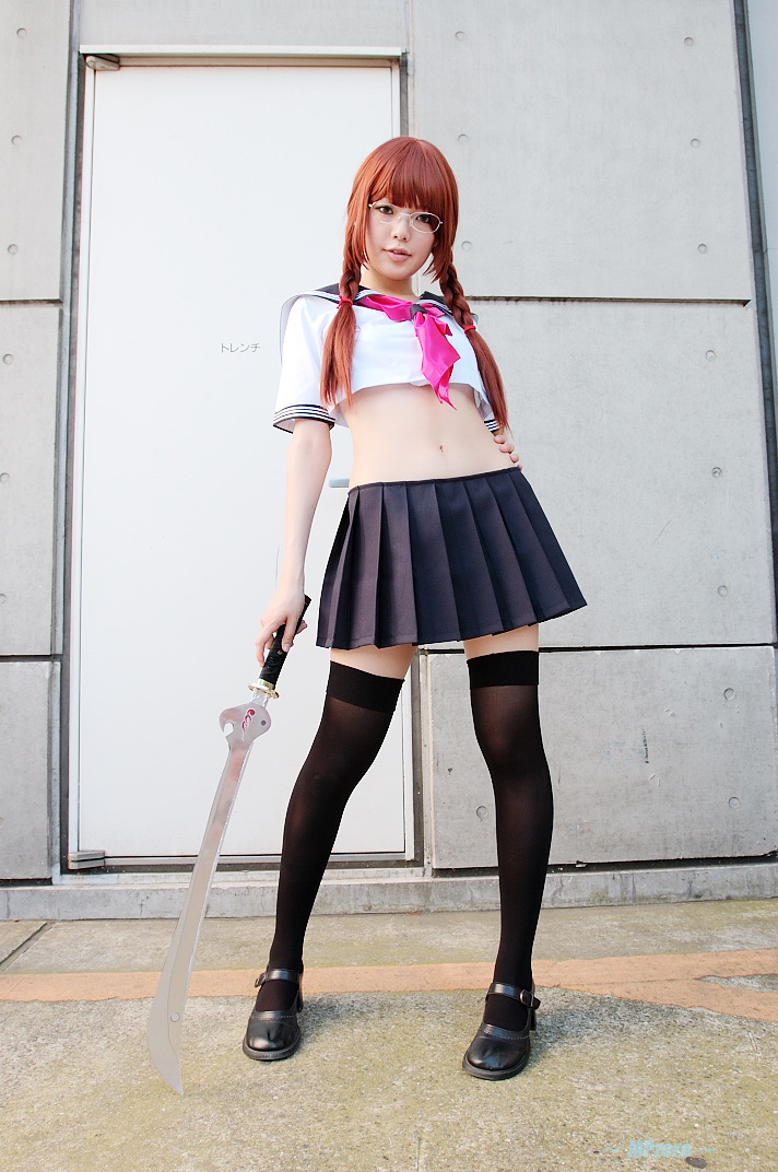namada, arisugawa shii, the art of yamashita shunya, photo (medium), 1girl, arisugawa shii (cosplay), asian, black shoes, black thighhighs, blue eyes, braid, brown hair, color contacts, contrapposto, cosplay, crop top, female focus, full body, glasses, hand on own hip, lensless glasses, long hair, looking at viewer, mary janes, midriff, miniskirt, navel, parted lips, pleated skirt, sailor, school uniform, serafuku, shoes, short sleeves, skirt, solo, standing, sword, thighhighs, twin braids, weapon, zettai ryouiki