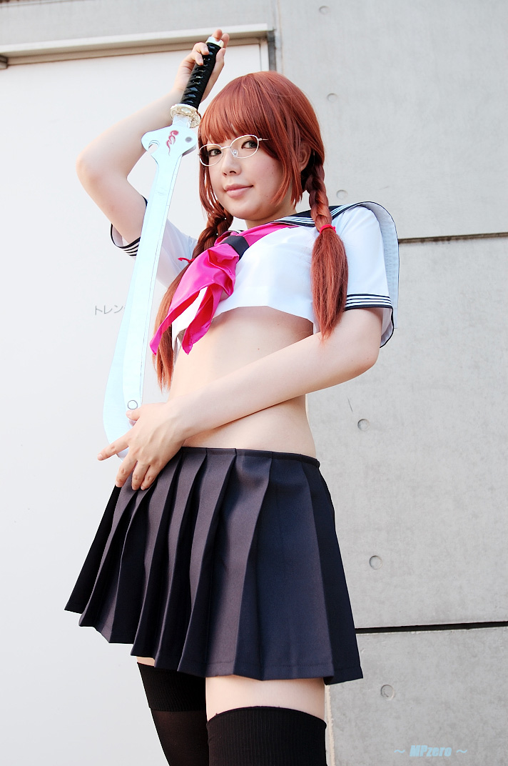 namada, arisugawa shii, the art of yamashita shunya, photo (medium), 1girl, aqua eyes, arisugawa shii (cosplay), asian, black thighhighs, blue eyes, blurry, braid, brown hair, color contacts, contrapposto, cosplay, crop top, depth of field, female focus, glasses, green eyes, lensless glasses, long hair, looking at viewer, midriff, miniskirt, pleated skirt, sailor, school uniform, serafuku, short sleeves, skirt, solo, standing, sword, thighhighs, twin braids, weapon, zettai ryouiki