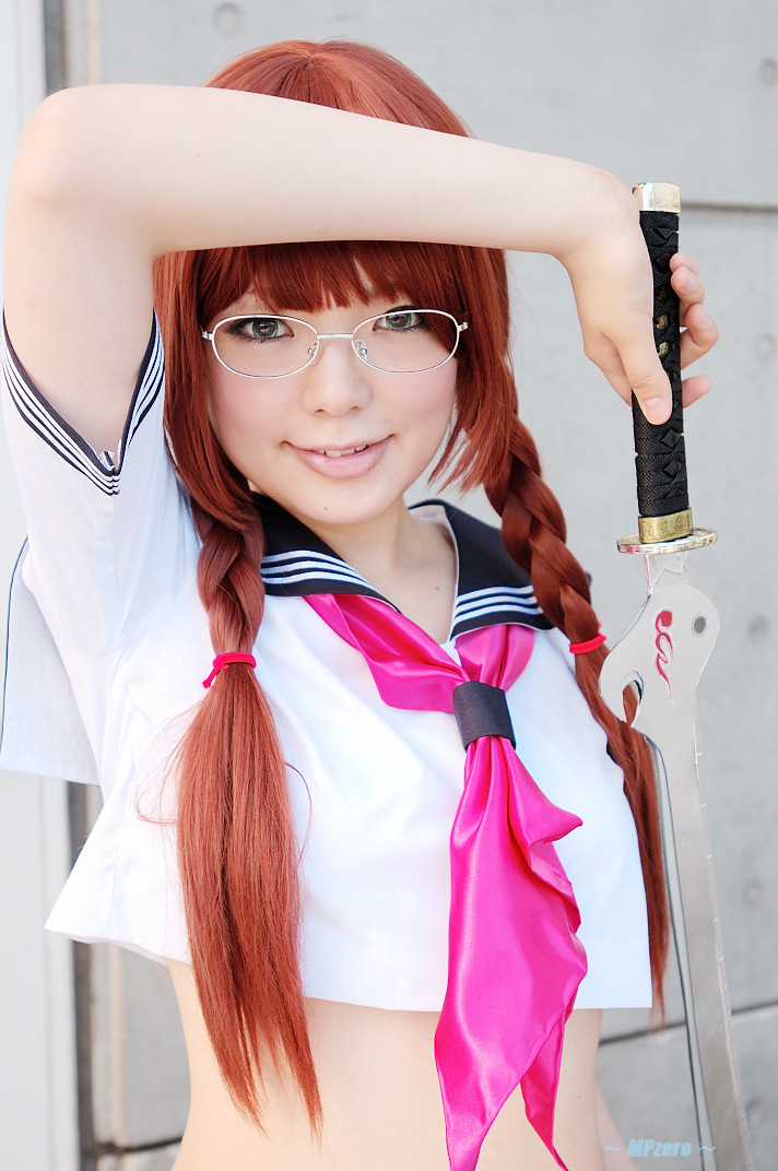 namada, arisugawa shii, the art of yamashita shunya, photo (medium), 1girl, arisugawa shii (cosplay), asian, blue eyes, braid, brown hair, color contacts, cosplay, crop top, female focus, glasses, lensless glasses, long hair, looking at viewer, midriff, navel, sailor, school uniform, serafuku, short sleeves, solo, standing, sword, twin braids, weapon