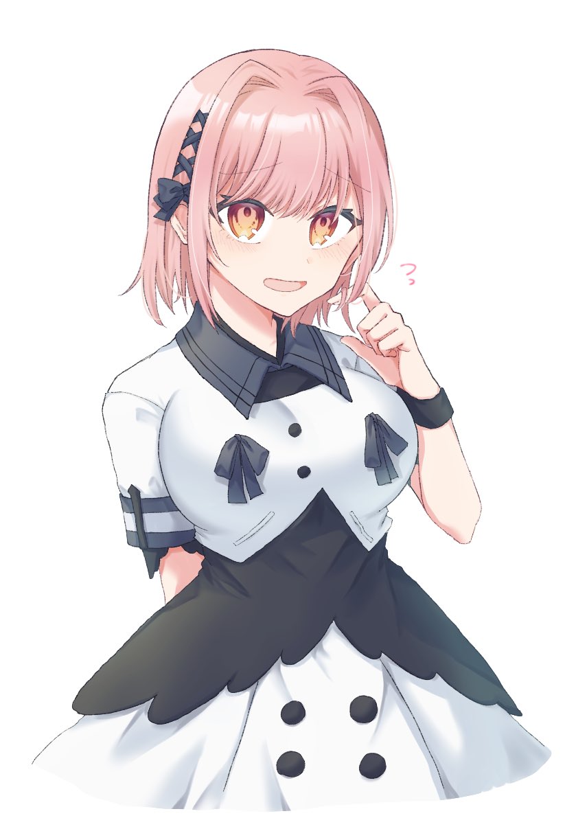 zundaa, aramine ishu, nue no onmyouji, 1girl, ?, arm behind back, breasts, dress, hair intakes, hair ribbon, large breasts, open mouth, orange eyes, pink hair, ribbon, short hair, solo, twirling hair